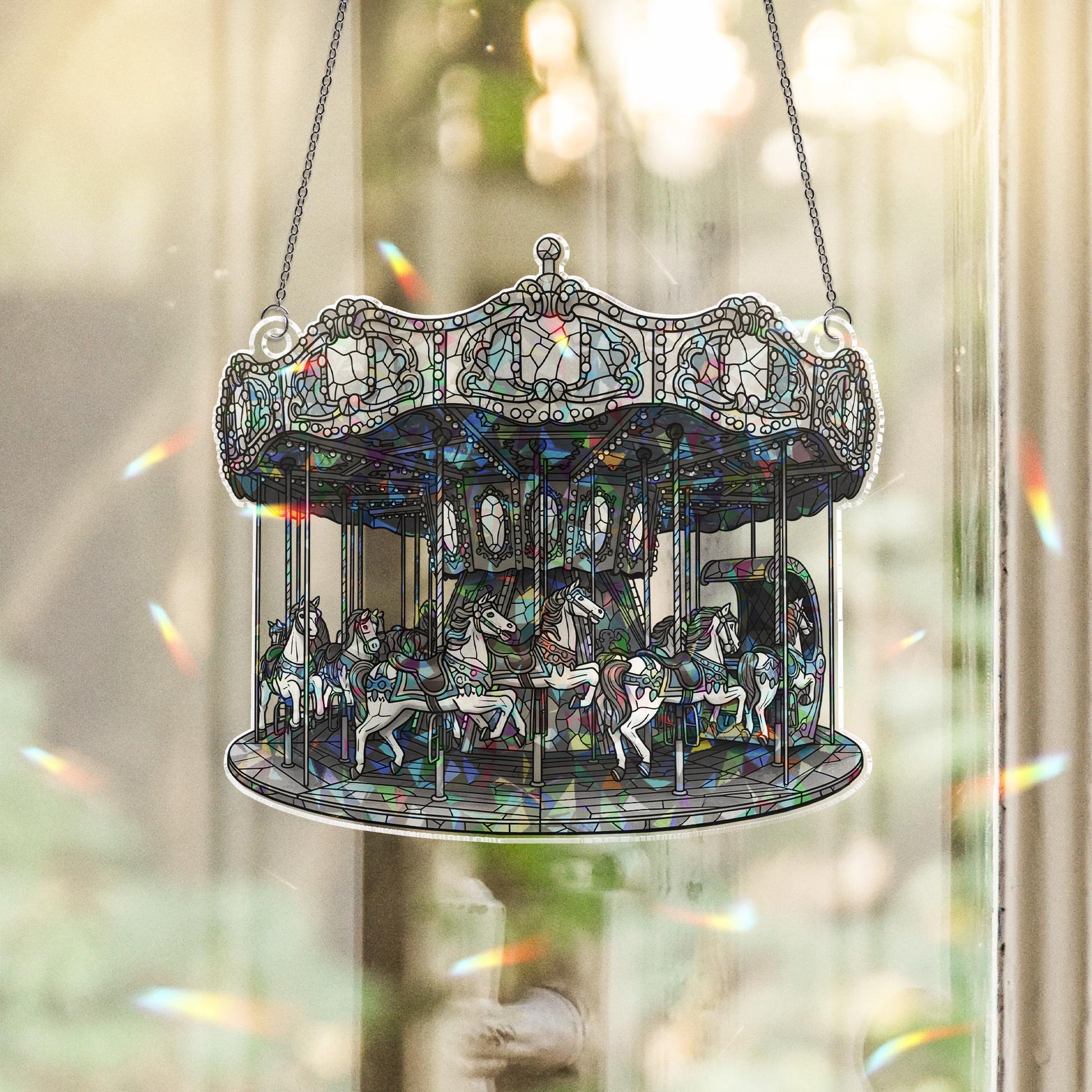 Carousel Holographic Suncatcher - Vintage Merry-Go-Round Window Hanging - Whimsical Rainbow Light Catcher for Kids Room or Gift