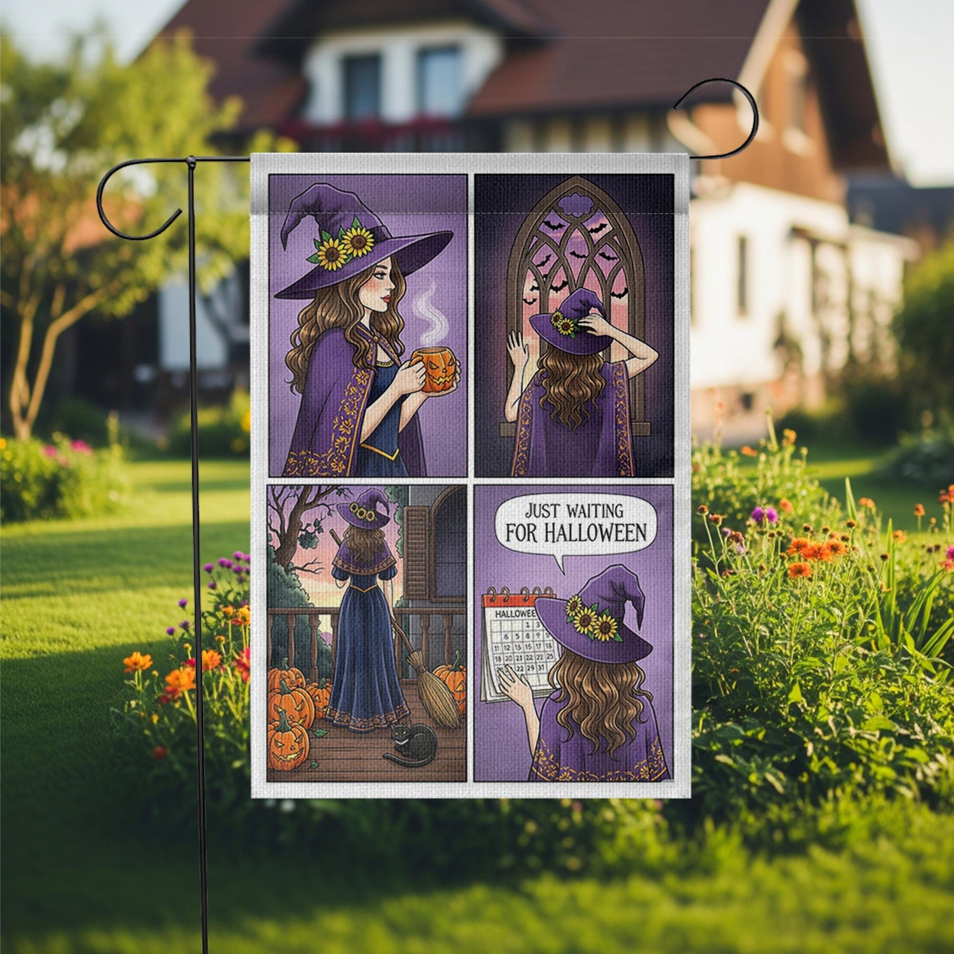Witch Halloween Countdown Garden Flag, Just Waiting for Halloween Yard Decor, Fall Witch Porch Decoration, Cute Witch Autumn Outdoor Banner