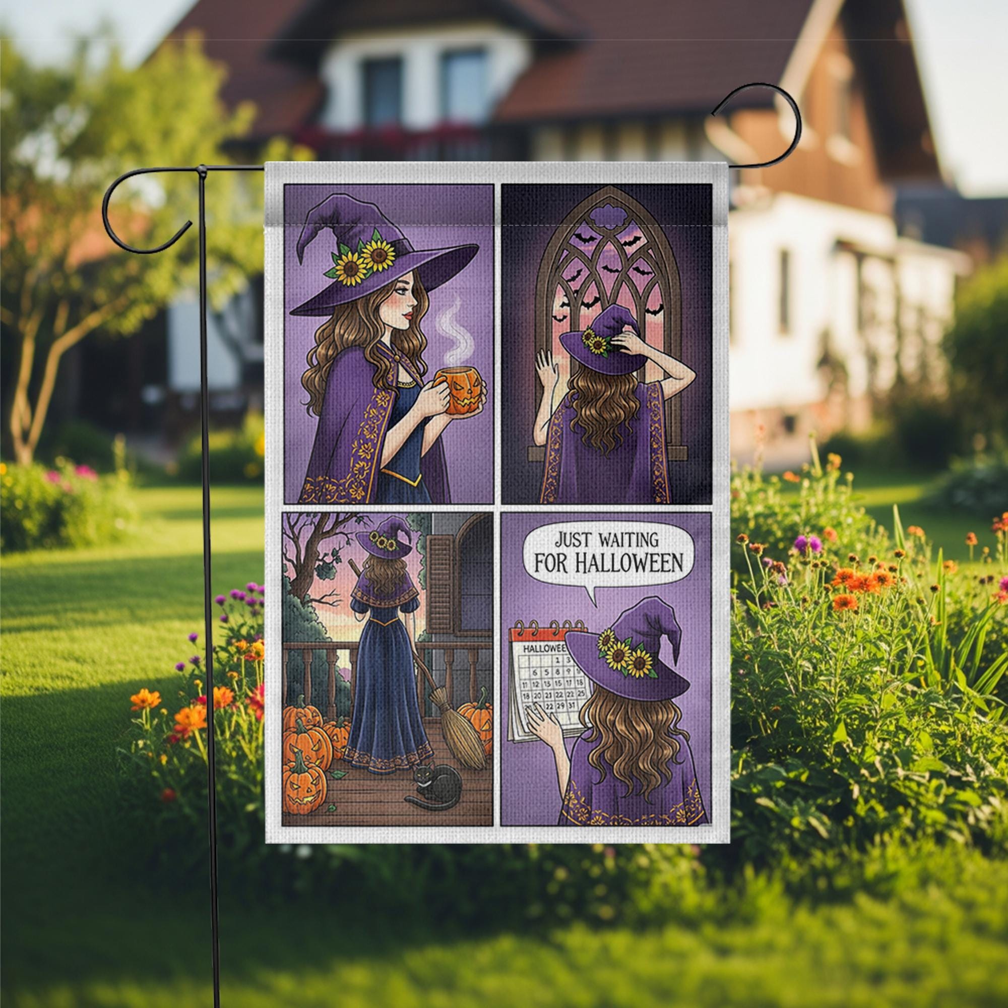 Witch Halloween Countdown Garden Flag, Just Waiting for Halloween Yard Decor, Fall Witch Porch Decoration, Cute Witch Autumn Outdoor Banner