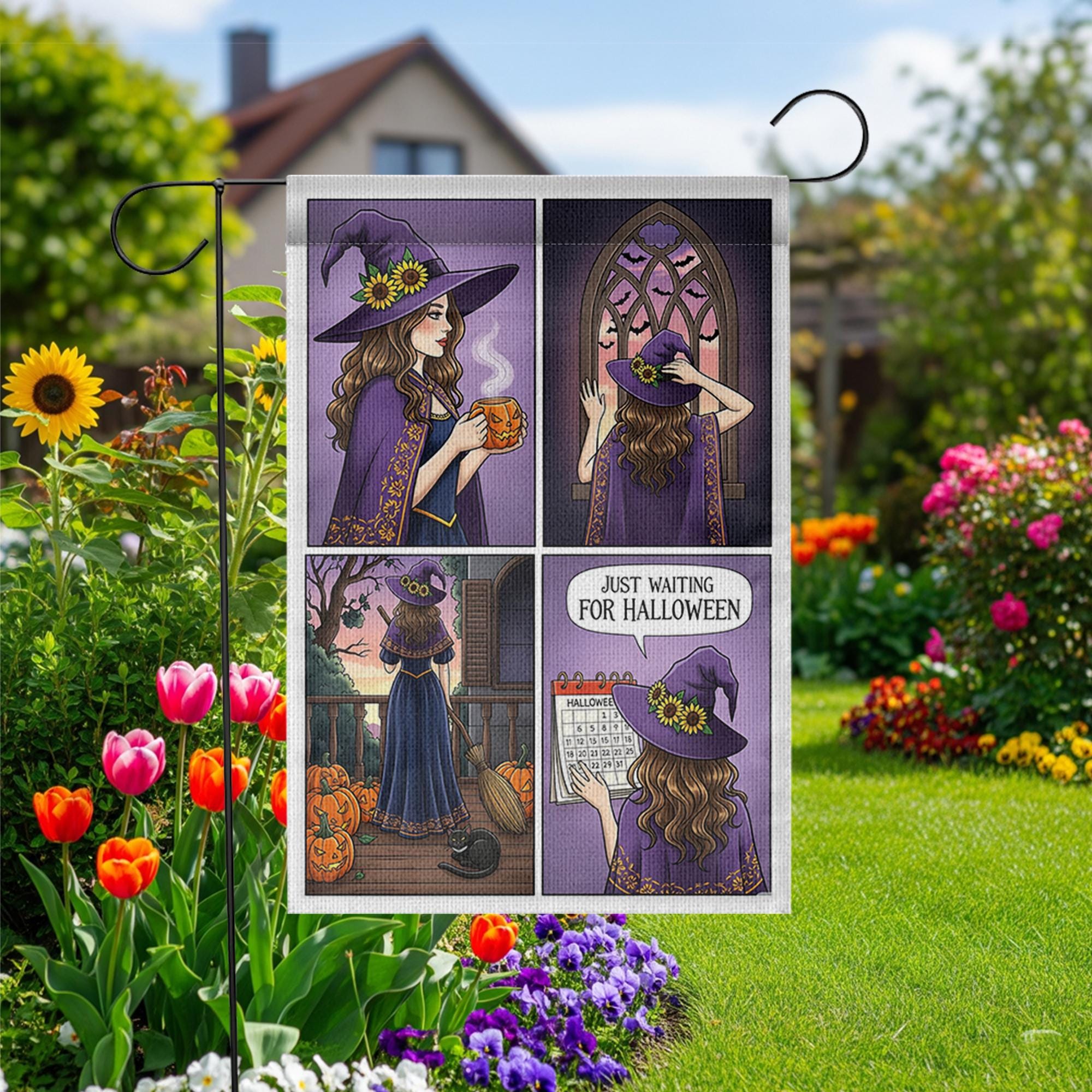 Witch Halloween Countdown Garden Flag, Just Waiting for Halloween Yard Decor, Fall Witch Porch Decoration, Cute Witch Autumn Outdoor Banner