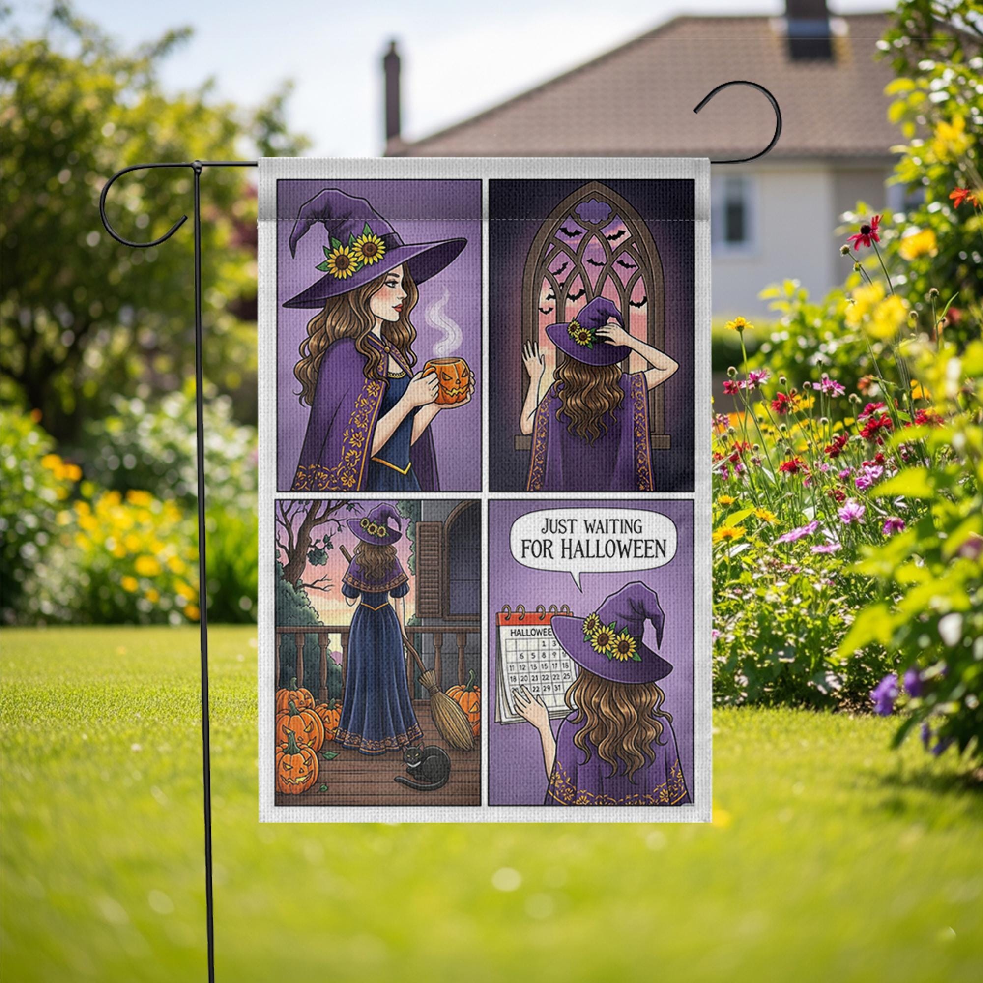Witch Halloween Countdown Garden Flag, Just Waiting for Halloween Yard Decor, Fall Witch Porch Decoration, Cute Witch Autumn Outdoor Banner