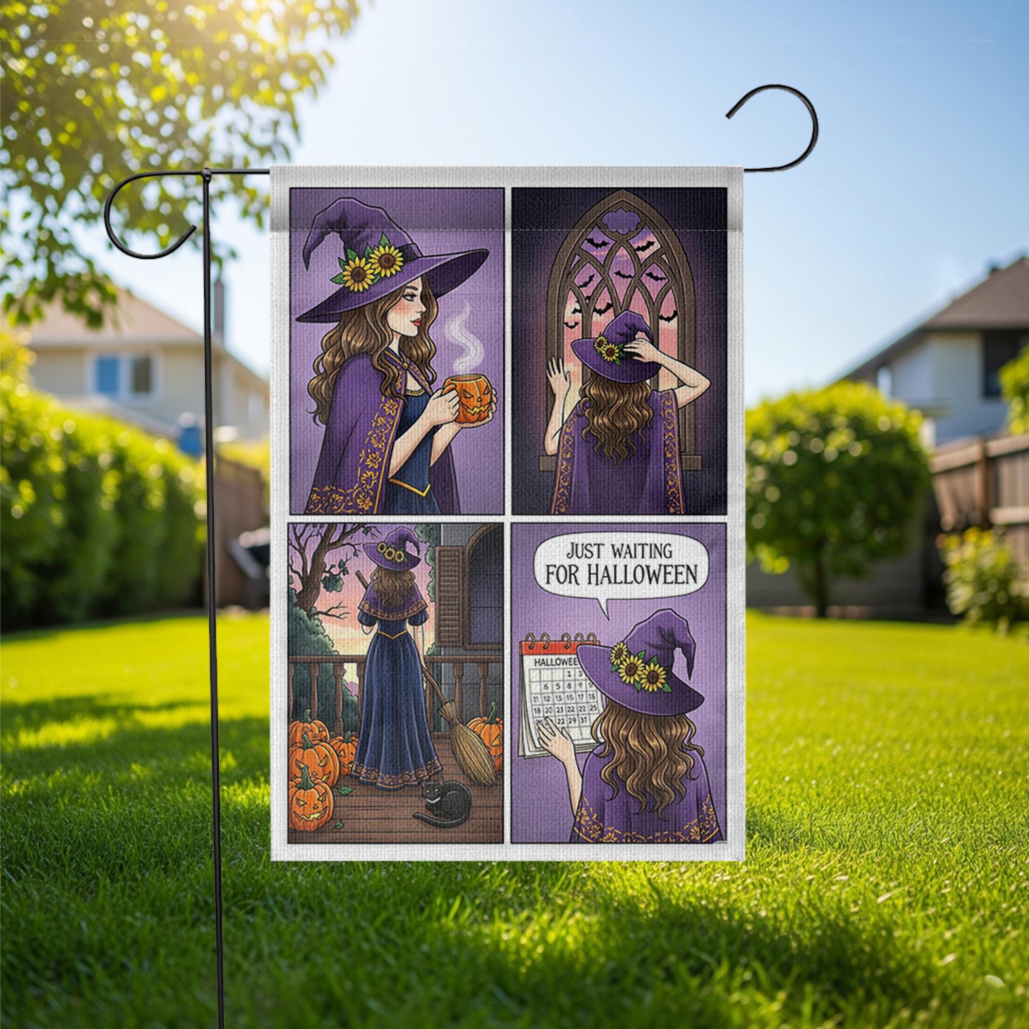 Witch Halloween Countdown Garden Flag, Just Waiting for Halloween Yard Decor, Fall Witch Porch Decoration, Cute Witch Autumn Outdoor Banner