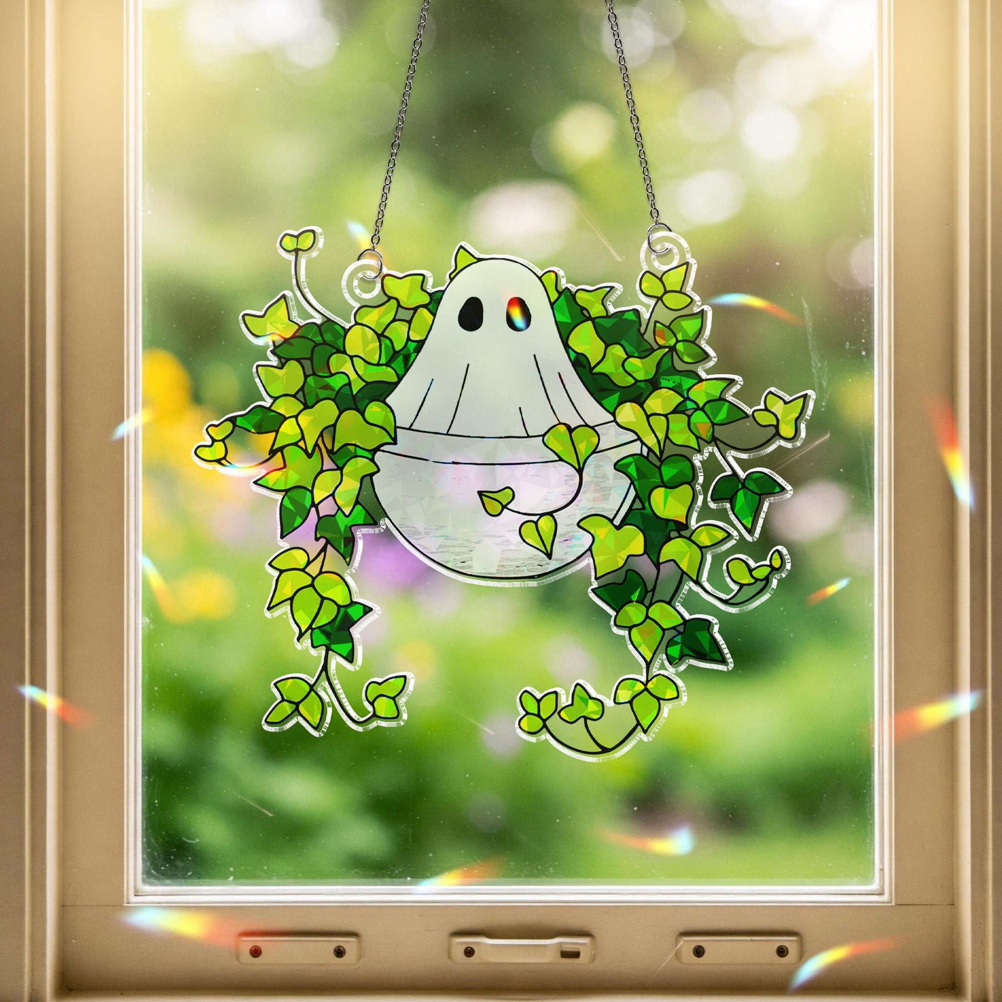 Ghost Sitting on Ivy Hologram Ornament | Ghost ACRYLIC Window Hanging | Plant Lover Gift, Ivy Plants Decor, Cozy Cat Decor, Halloween Decor