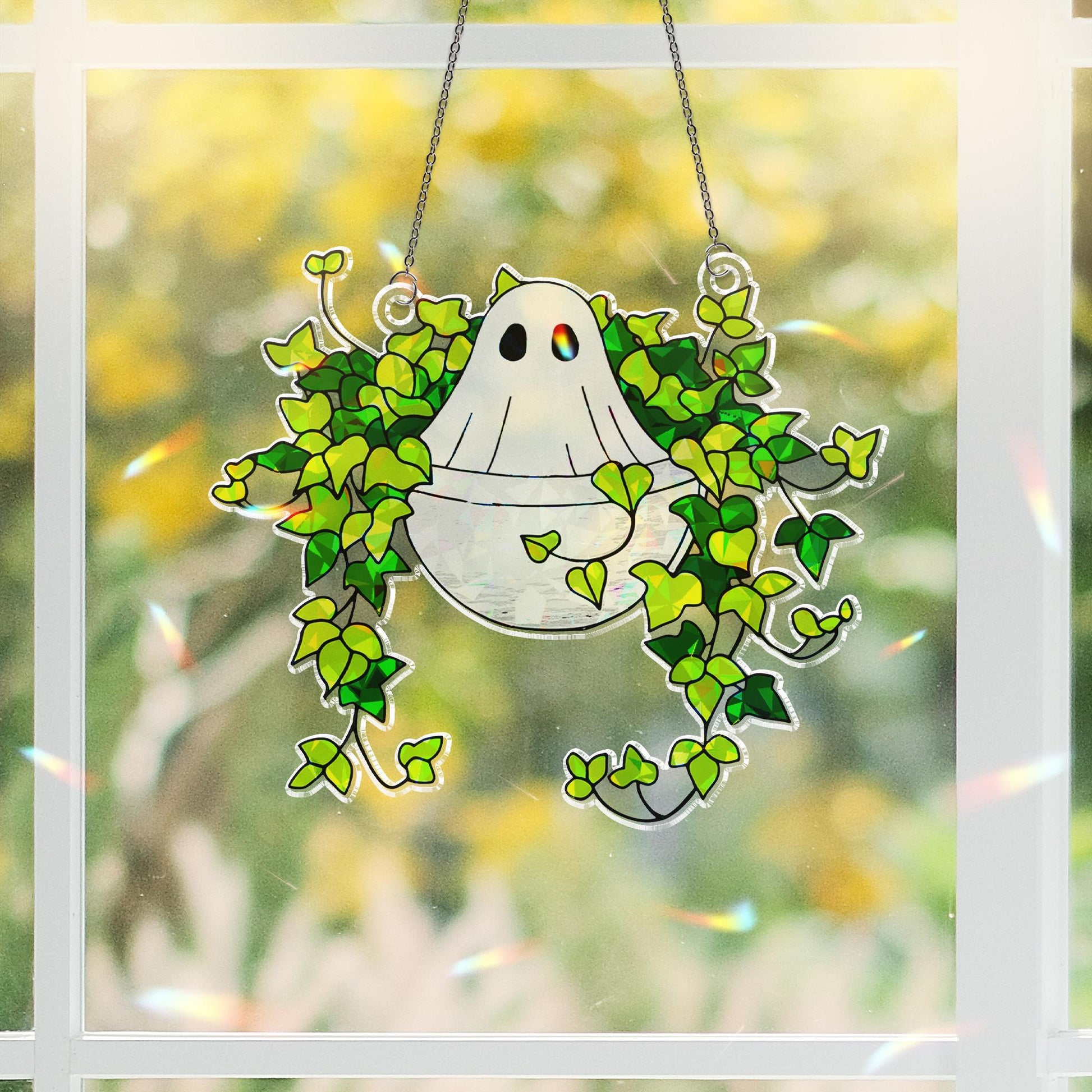 Ghost Sitting on Ivy Hologram Ornament | Ghost ACRYLIC Window Hanging | Plant Lover Gift, Ivy Plants Decor, Cozy Cat Decor, Halloween Decor