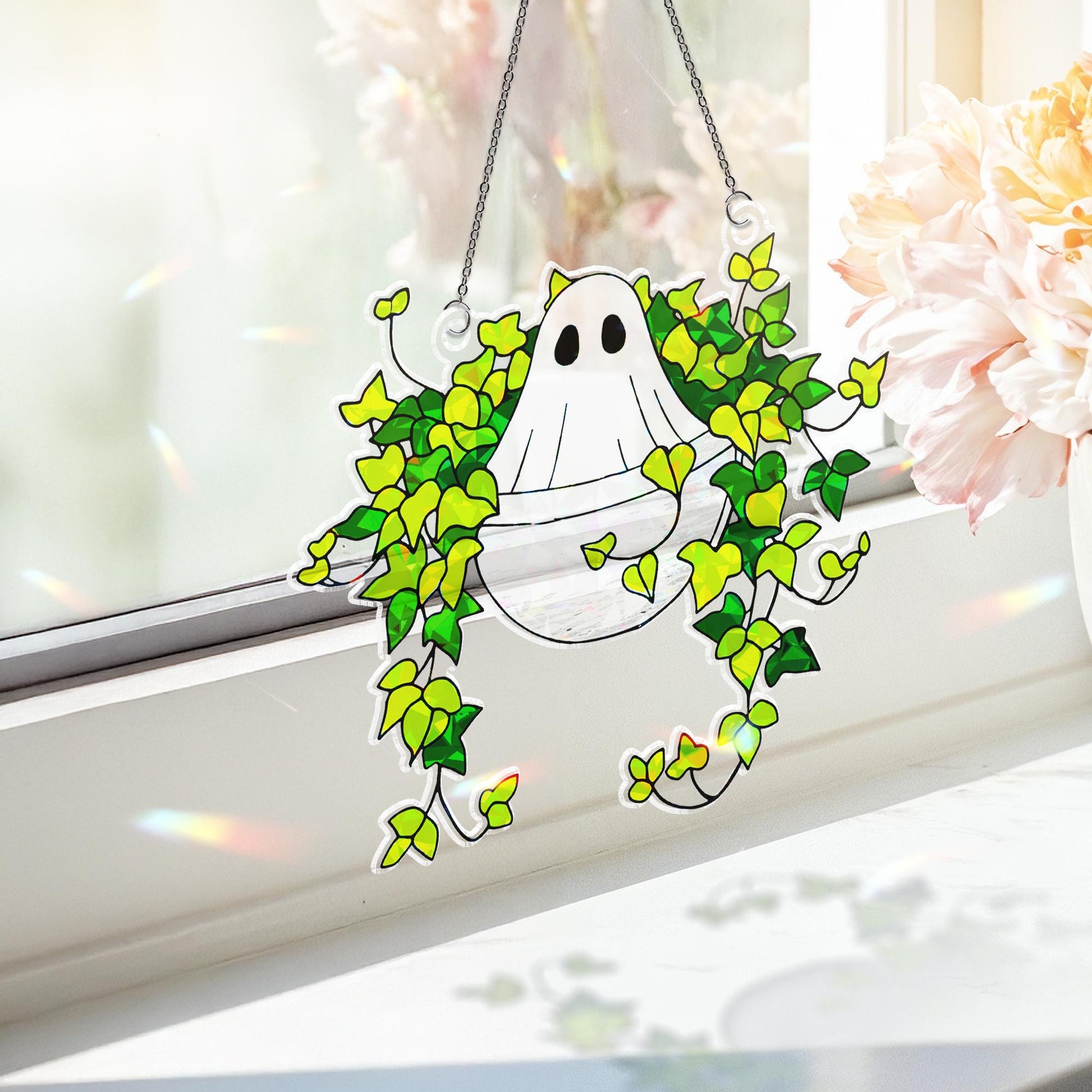 Ghost Sitting on Ivy Hologram Ornament | Ghost ACRYLIC Window Hanging | Plant Lover Gift, Ivy Plants Decor, Cozy Cat Decor, Halloween Decor