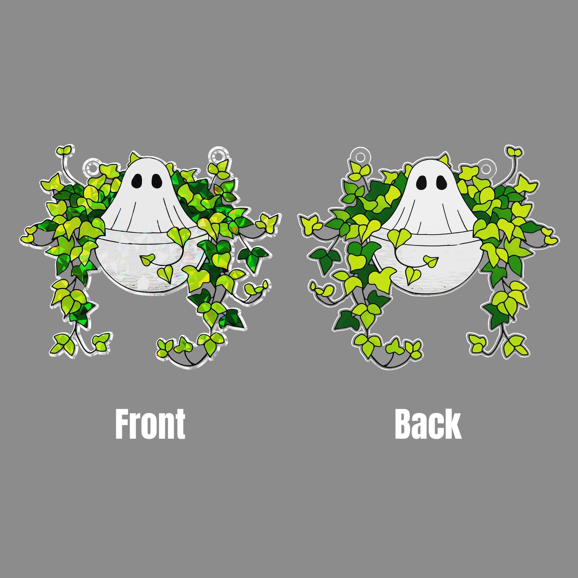 Ghost Sitting on Ivy Hologram Ornament | Ghost ACRYLIC Window Hanging | Plant Lover Gift, Ivy Plants Decor, Cozy Cat Decor, Halloween Decor