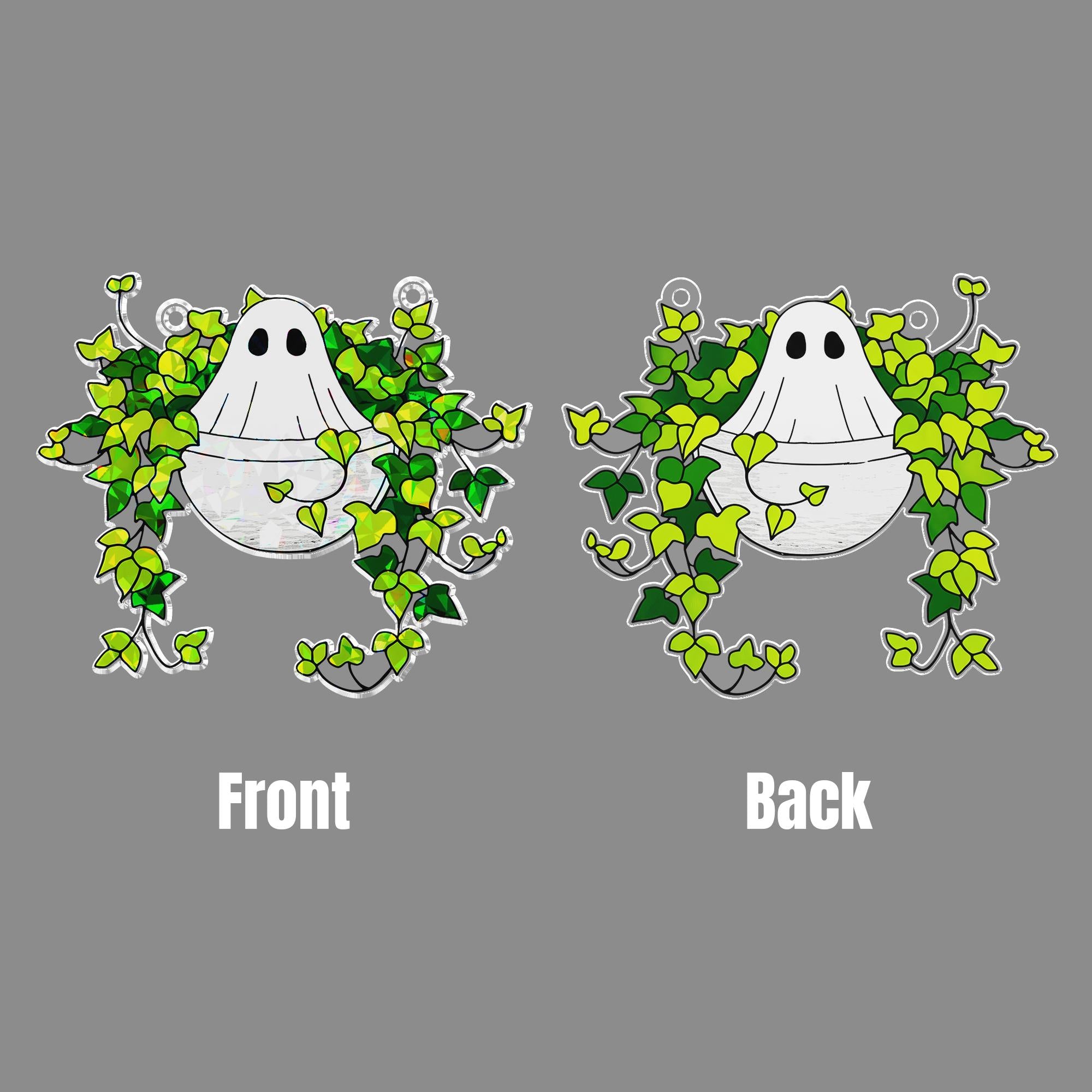 Ghost Sitting on Ivy Hologram Ornament | Ghost ACRYLIC Window Hanging | Plant Lover Gift, Ivy Plants Decor, Cozy Cat Decor, Halloween Decor