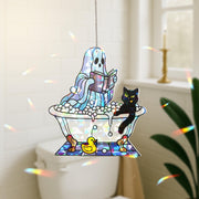 Holographic Ghost Bathroom Suncatcher – Broken Glass Look with Cat & Duck, Cute Spooky Window Decor, Funny Haunted Bathtub Art