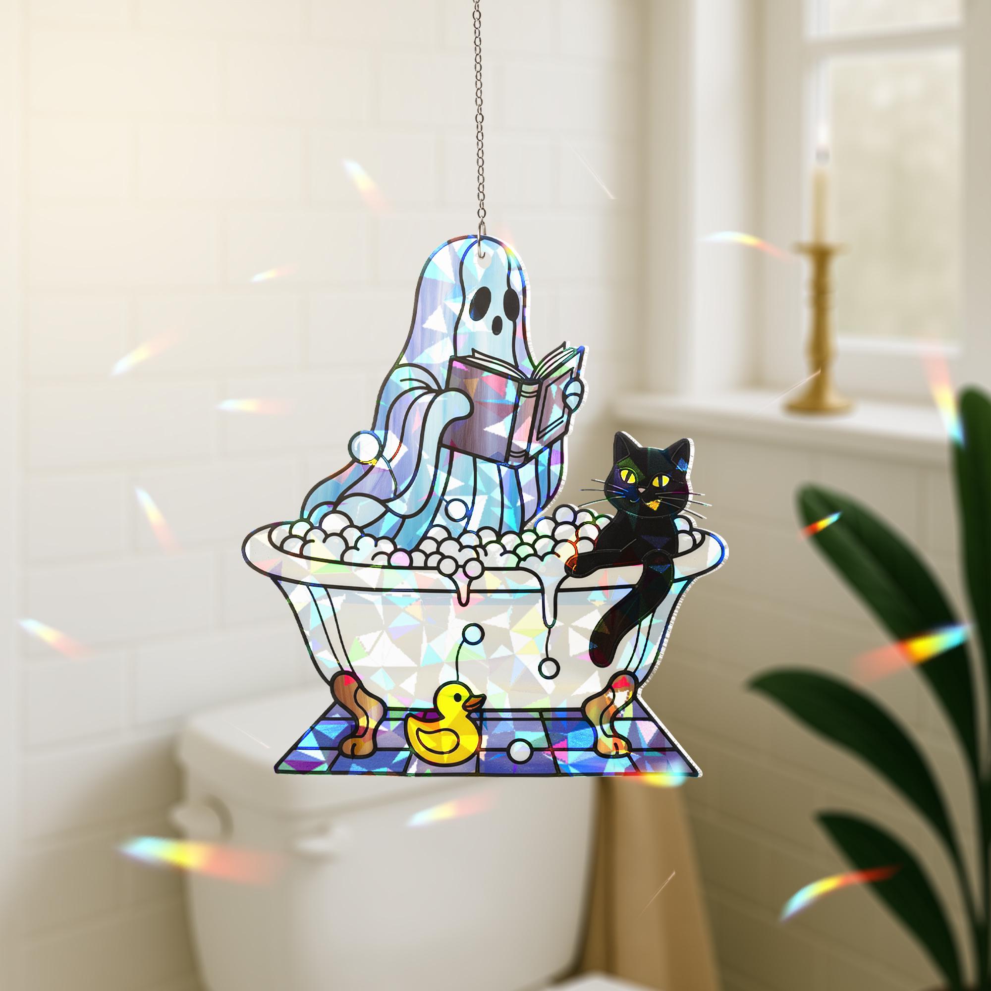 Holographic Ghost Bathroom Suncatcher – Broken Glass Look with Cat & Duck, Cute Spooky Window Decor, Funny Haunted Bathtub Art