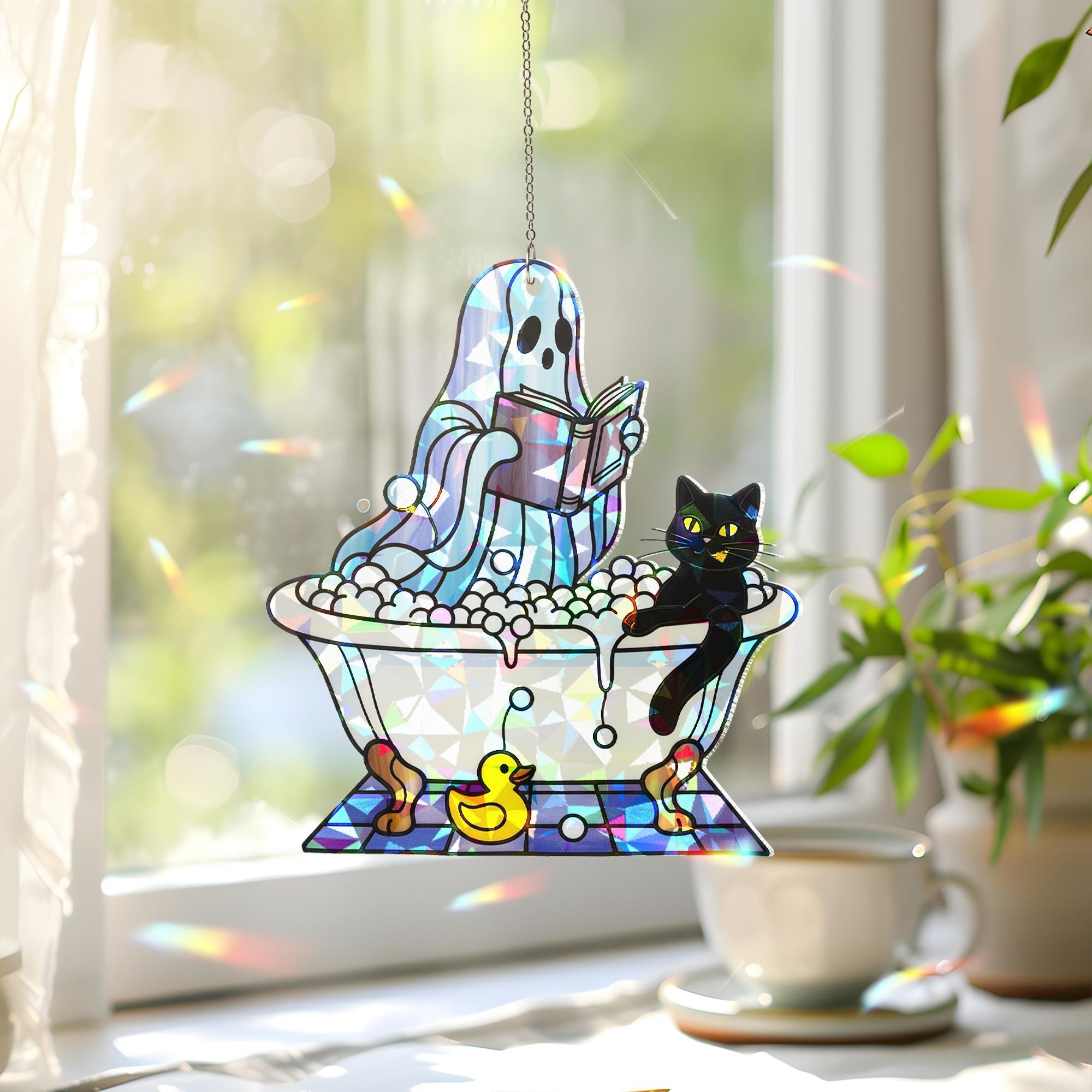 Holographic Ghost Bathroom Suncatcher – Broken Glass Look with Cat & Duck, Cute Spooky Window Decor, Funny Haunted Bathtub Art