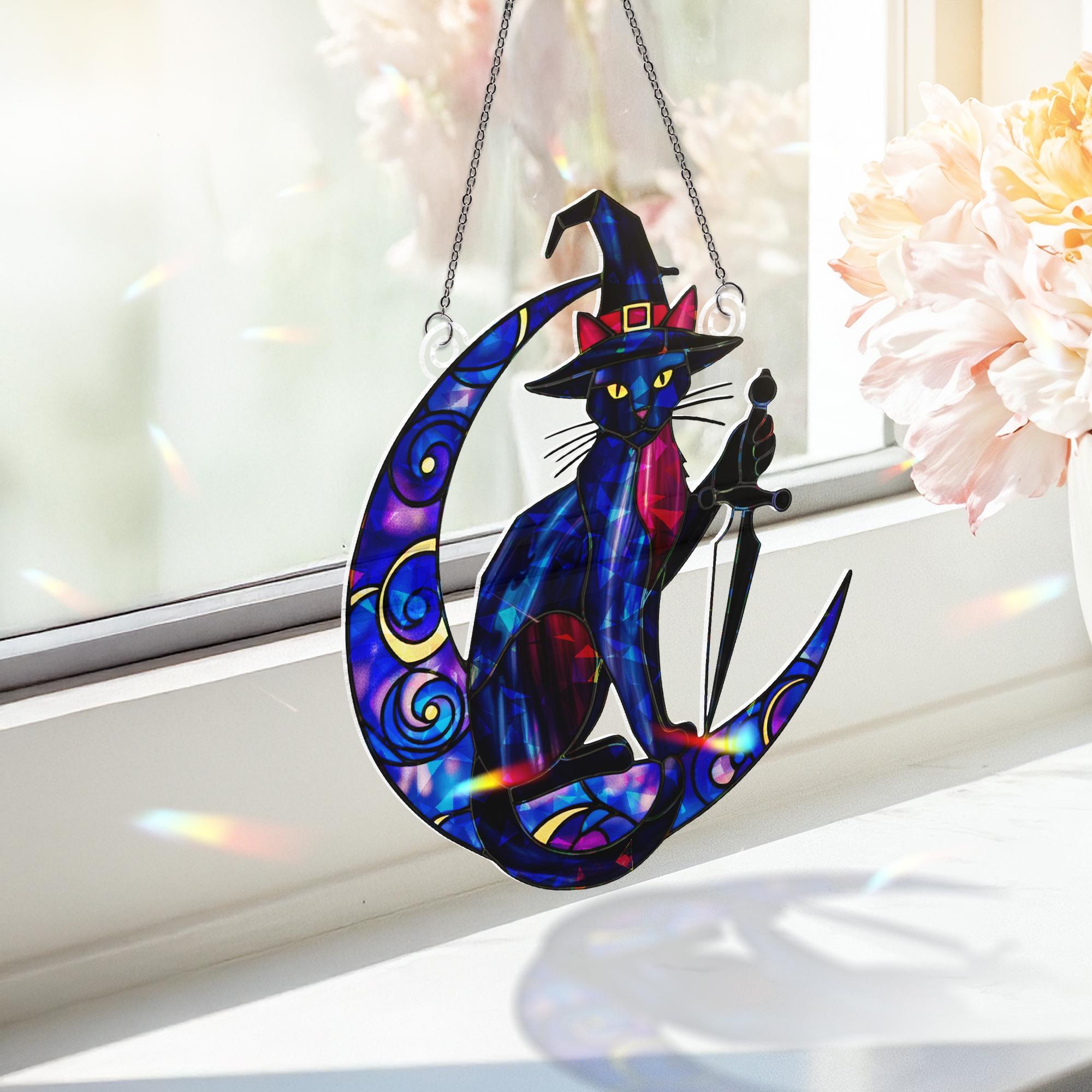 Witch Cat Moon Suncatcher – Holographic Acrylic Window Decor with Crescent Moon , Gothic Fantasy Familiar Witchy Art