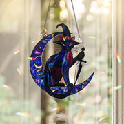 Witch Cat Moon Suncatcher – Holographic Acrylic Window Decor with Crescent Moon , Gothic Fantasy Familiar Witchy Art