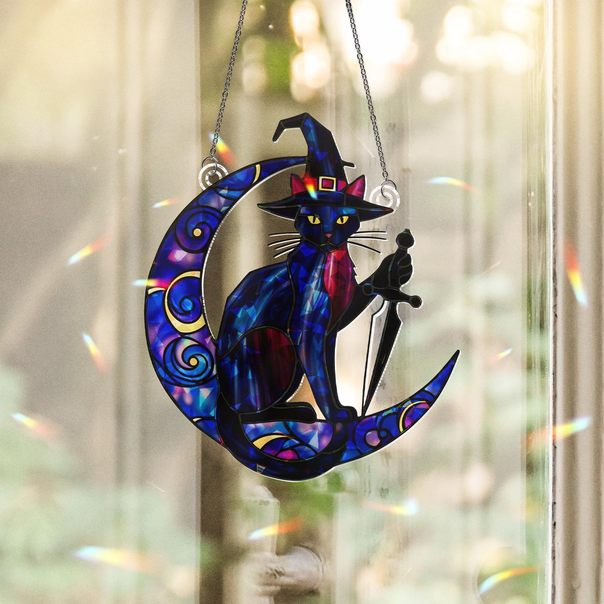 Witch Cat Moon Suncatcher – Holographic Acrylic Window Decor with Crescent Moon , Gothic Fantasy Familiar Witchy Art