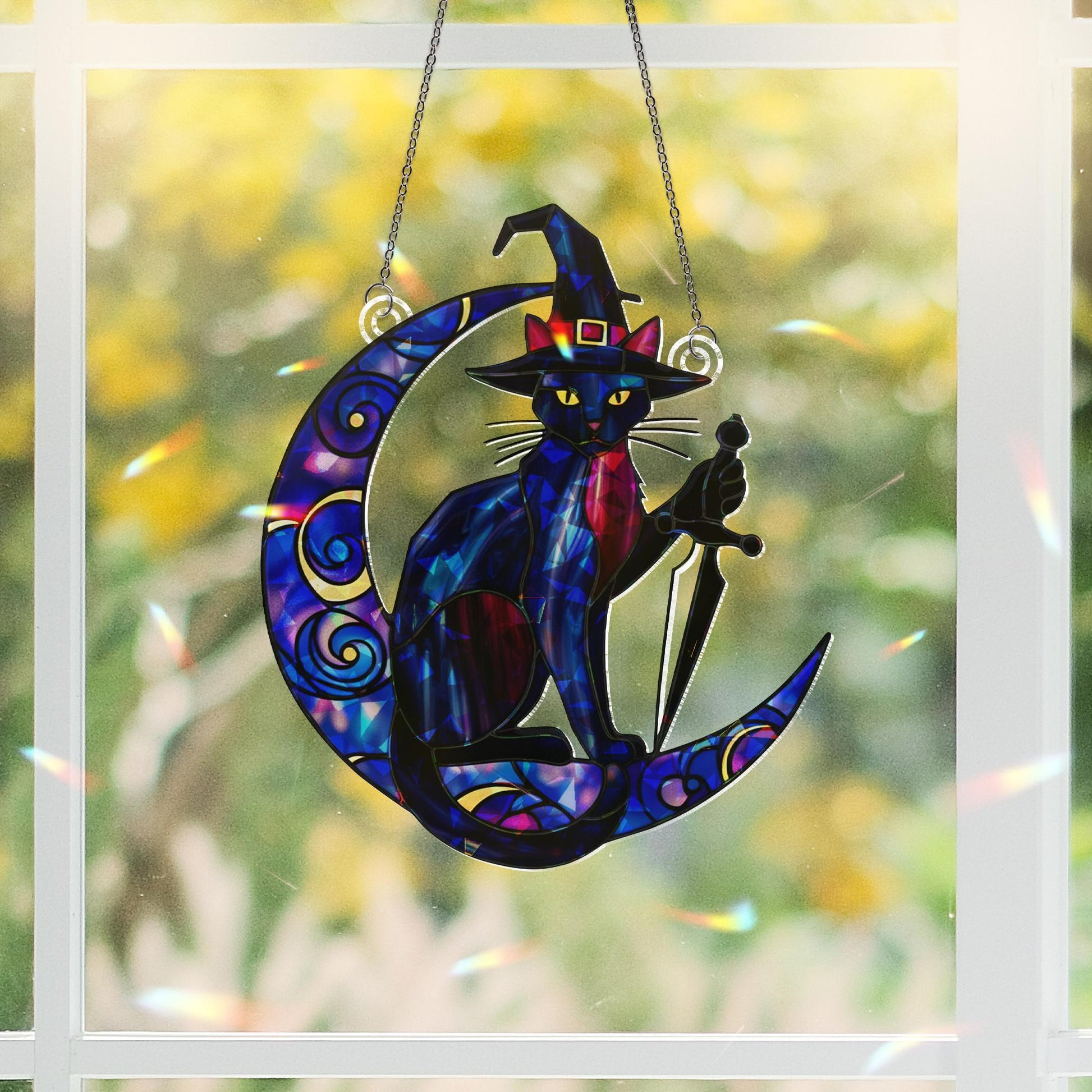 Witch Cat Moon Suncatcher – Holographic Acrylic Window Decor with Crescent Moon , Gothic Fantasy Familiar Witchy Art