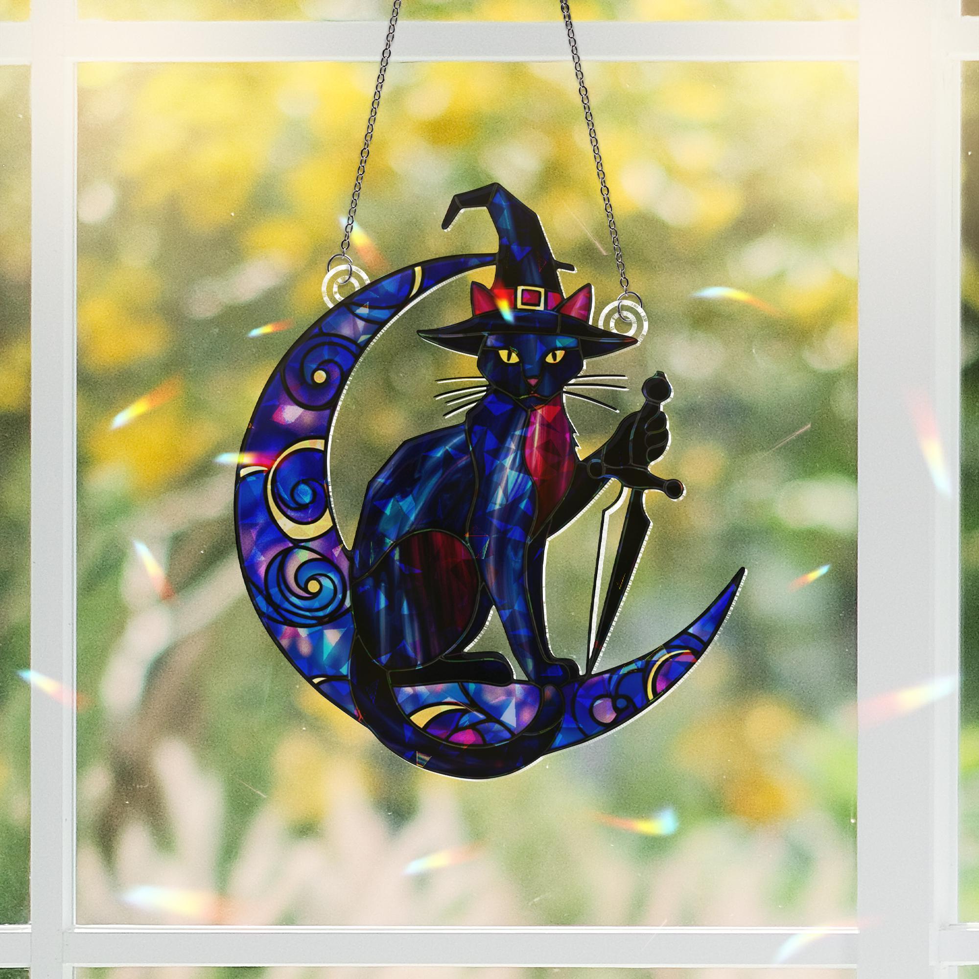 Witch Cat Moon Suncatcher – Holographic Acrylic Window Decor with Crescent Moon , Gothic Fantasy Familiar Witchy Art