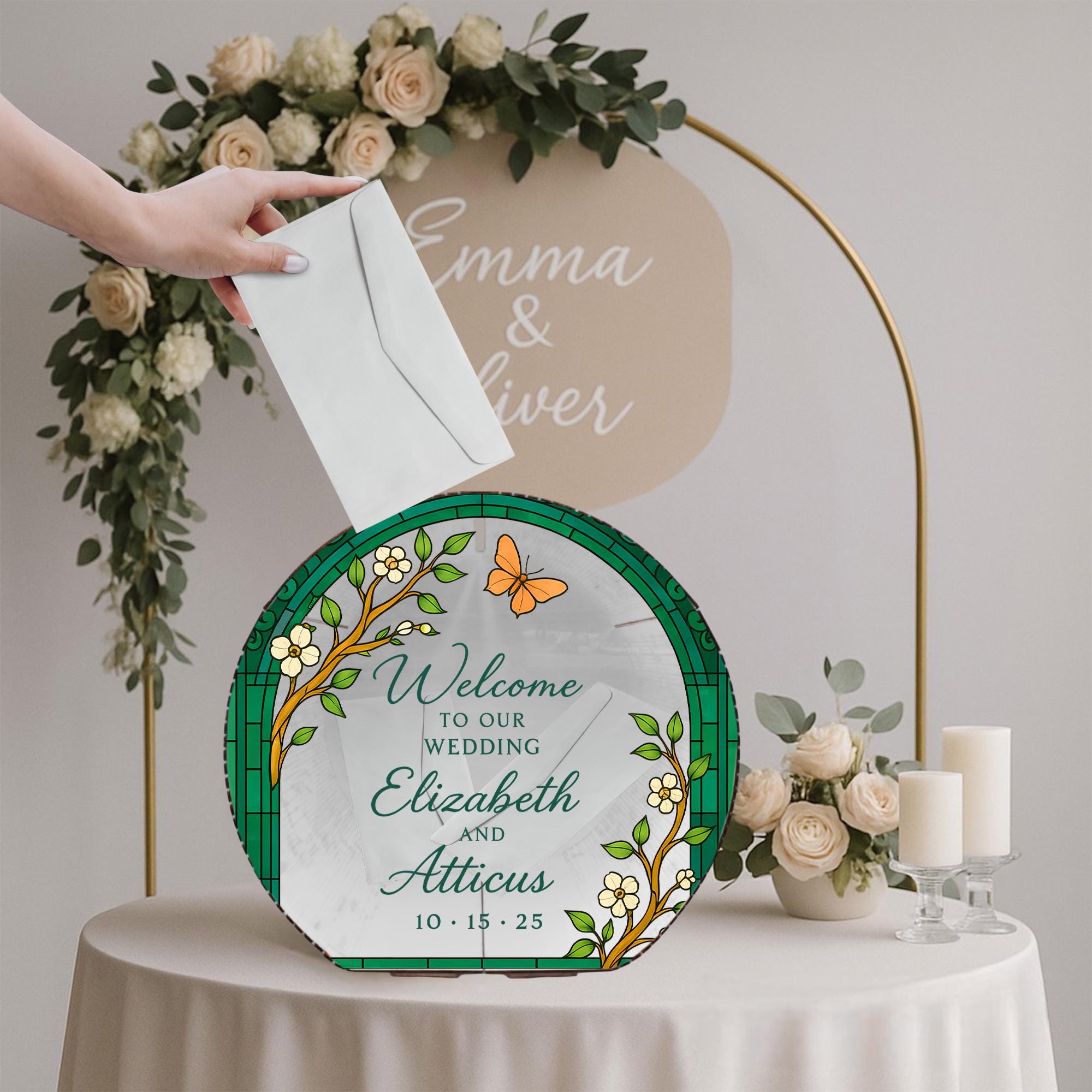 Custom Wedding Card Box – Personalized Floral Arch Design with Names & Date, Romantic Ceremony Decor