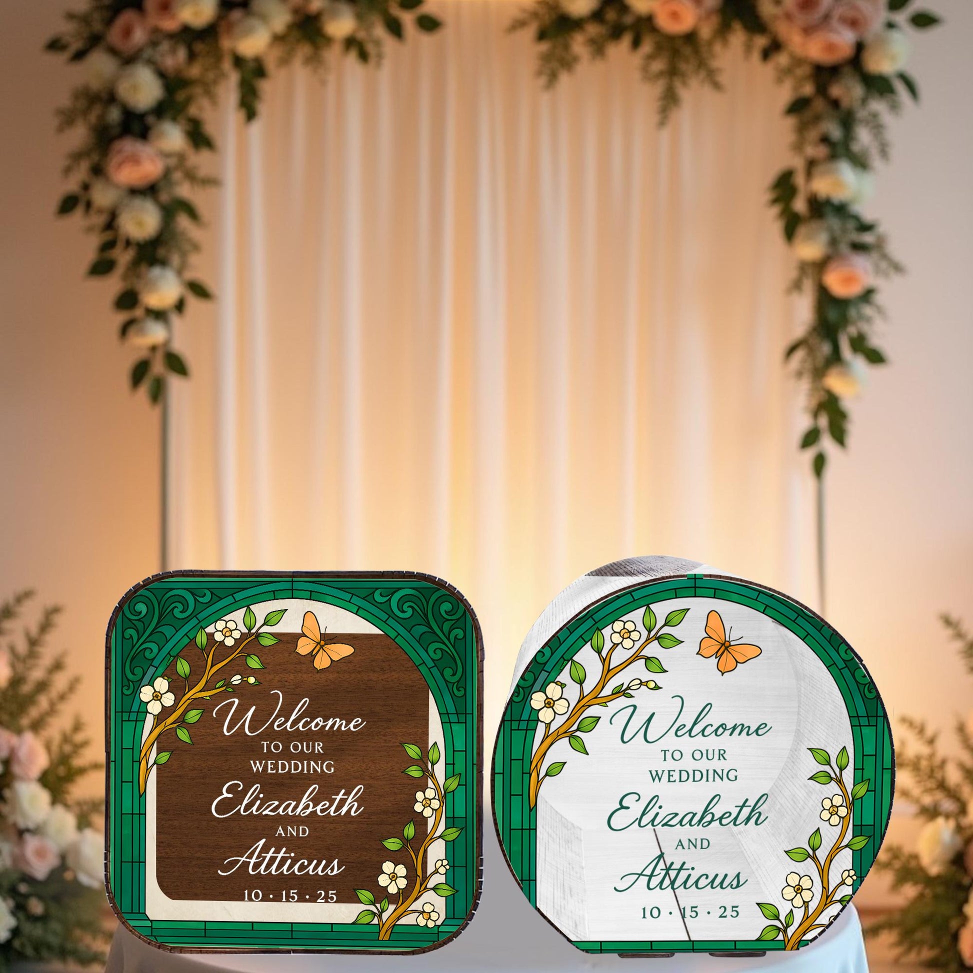 Custom Wedding Card Box – Personalized Floral Arch Design with Names & Date, Romantic Ceremony Decor