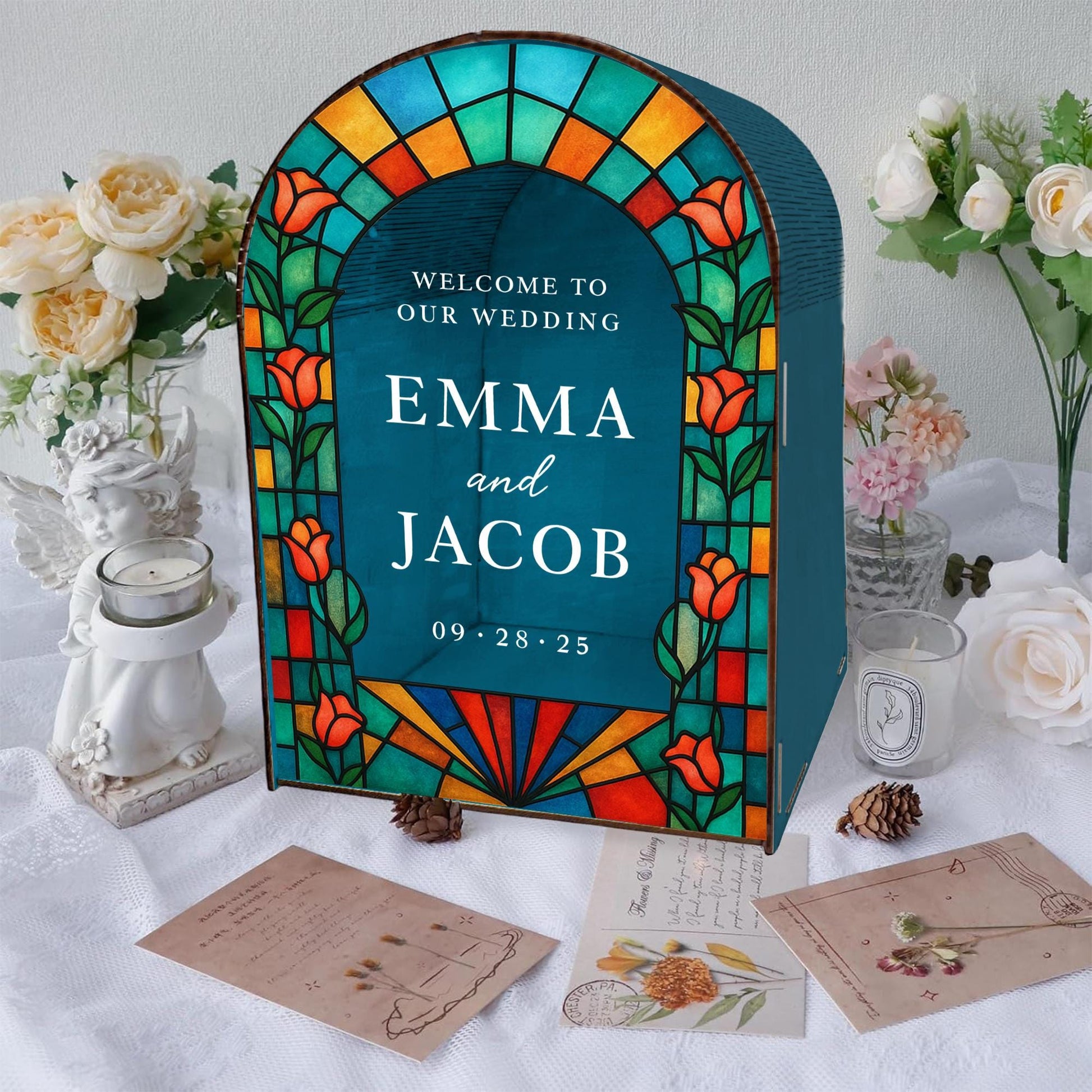 Custom Wedding Card Box – Personalized Arched Gift Box with Names & Date, Custom Floral Reception Decor Keepsake