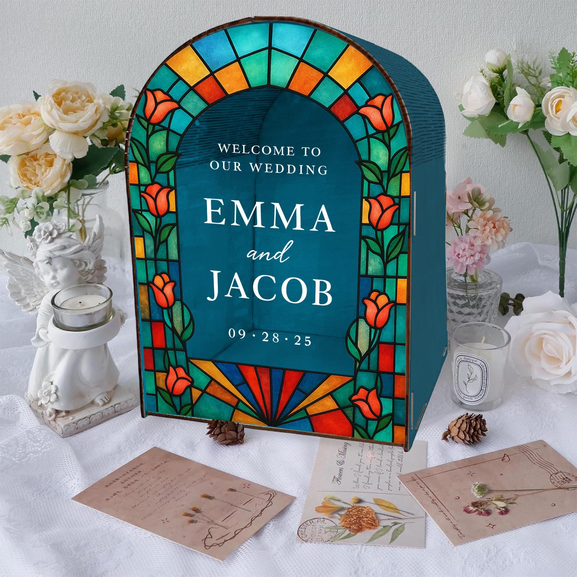 Custom Wedding Card Box – Personalized Arched Gift Box with Names & Date, Custom Floral Reception Decor Keepsake