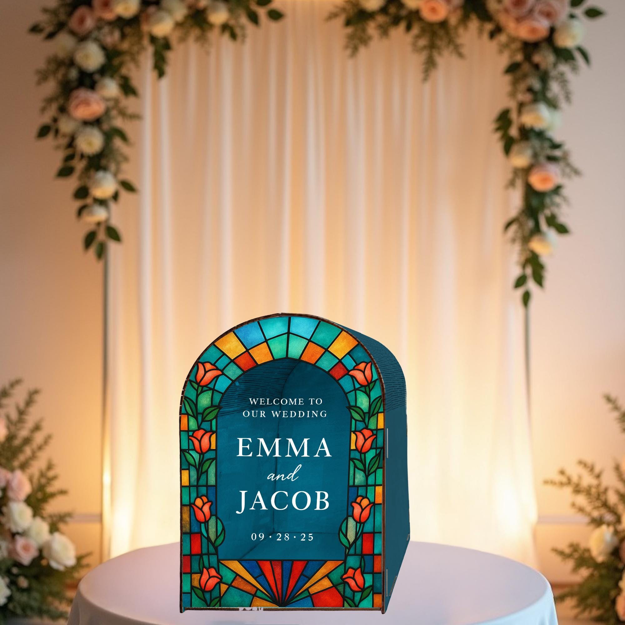Custom Wedding Card Box – Personalized Arched Gift Box with Names & Date, Custom Floral Reception Decor Keepsake