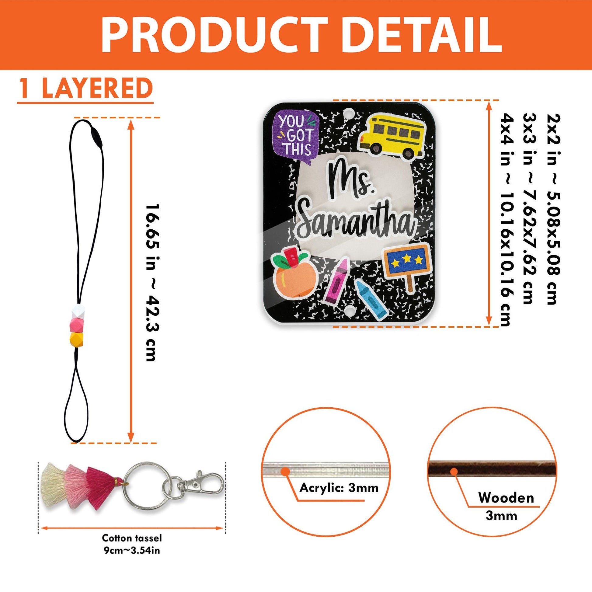 Personalized Teacher ID Badge – Cute Beaded Lanyard with Name, composition book style Tassel & School Icons, Custom Classroom Accessory Gift