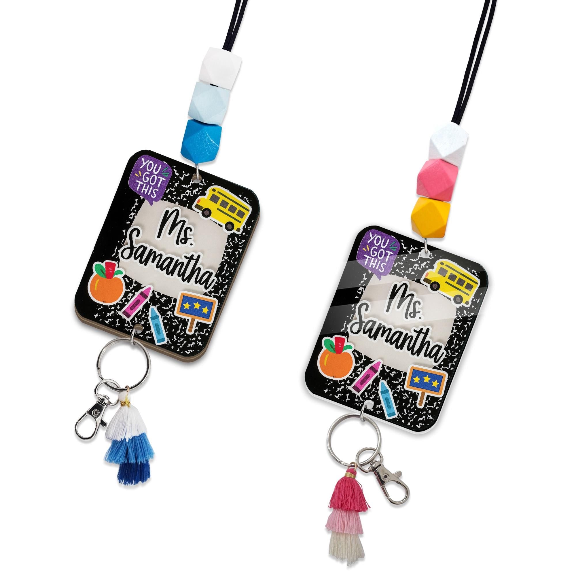Personalized Teacher ID Badge – Cute Beaded Lanyard with Name, composition book style Tassel & School Icons, Custom Classroom Accessory Gift