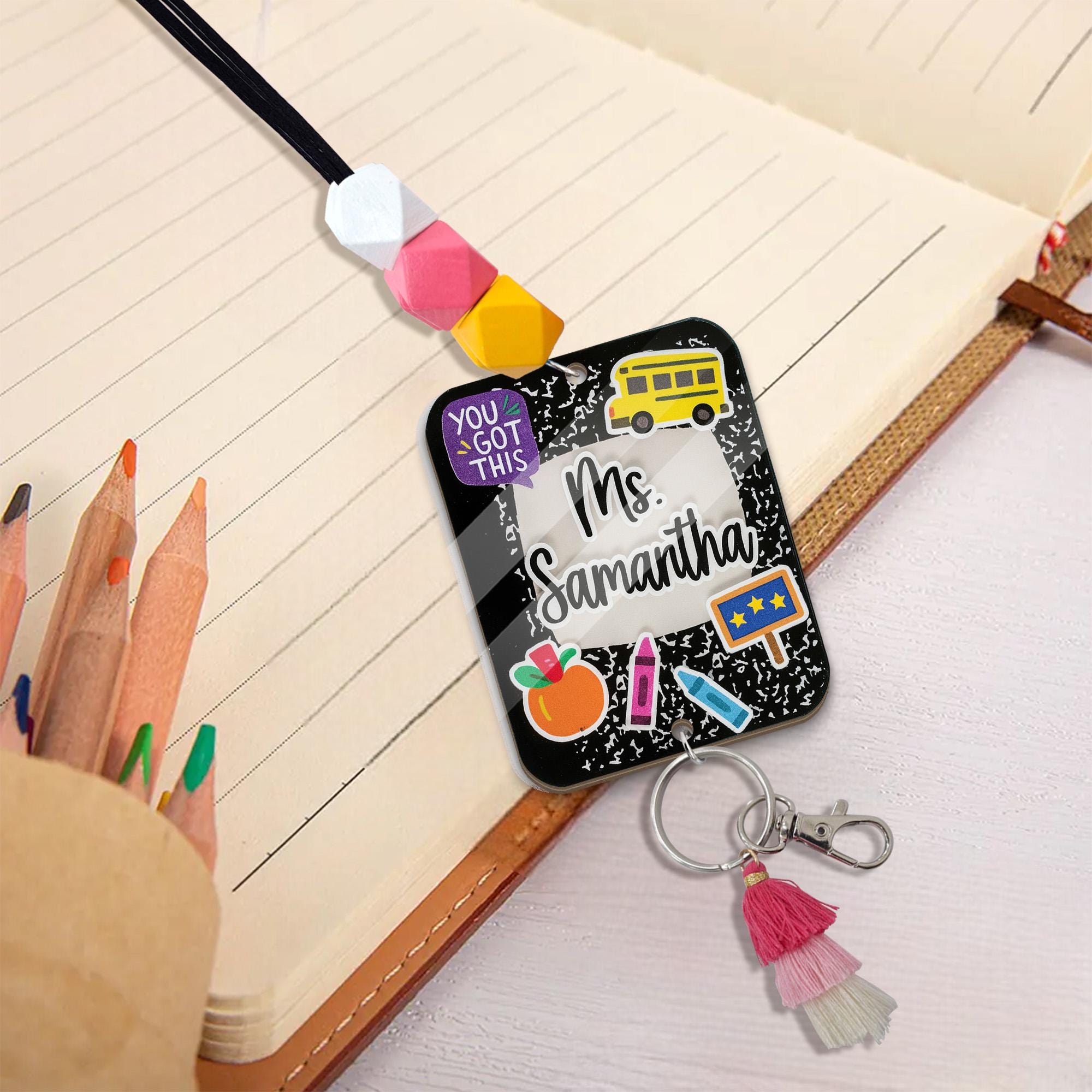 Personalized Teacher ID Badge – Cute Beaded Lanyard with Name, composition book style Tassel & School Icons, Custom Classroom Accessory Gift