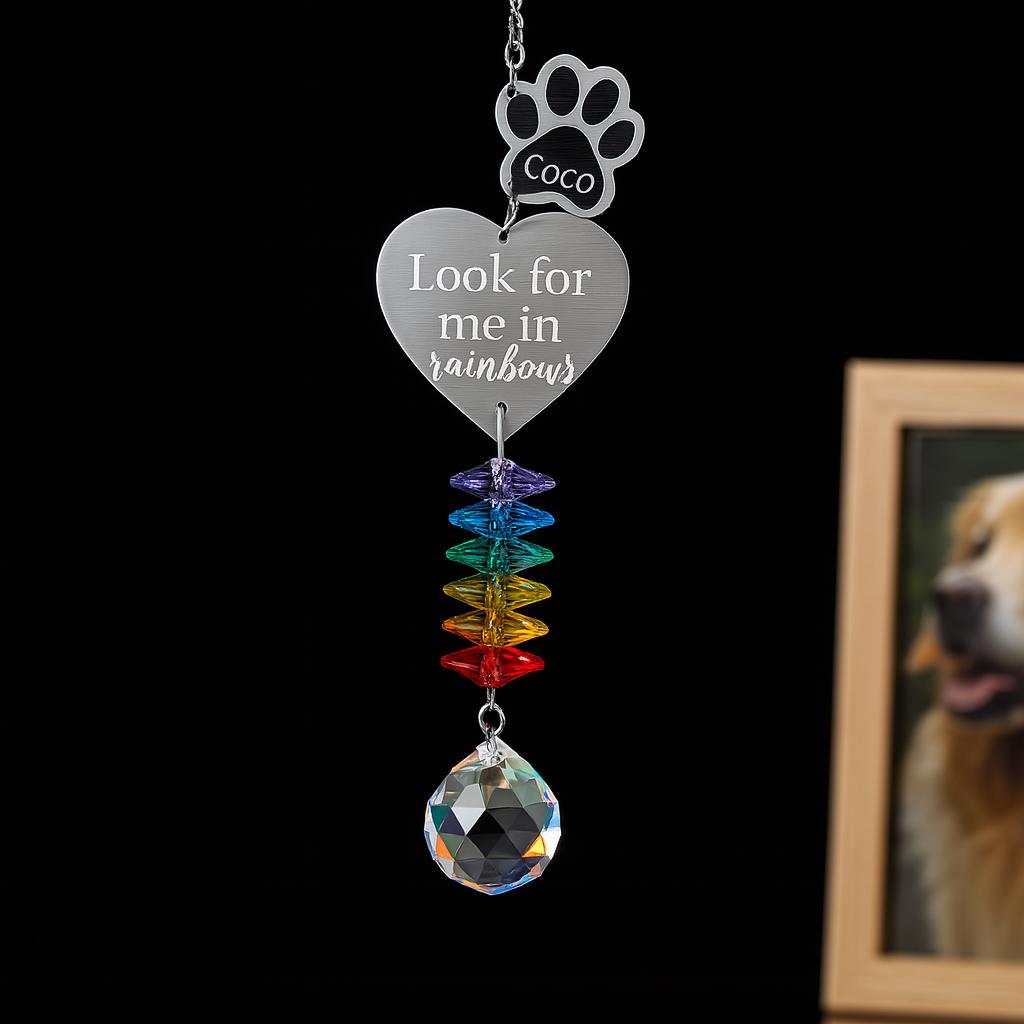 Pet Memorial Rainbow Suncatcher – Custom Paw Print with Name & Heart Charm, “Look for Me in Rainbows” Crystal Window Tribute Gift