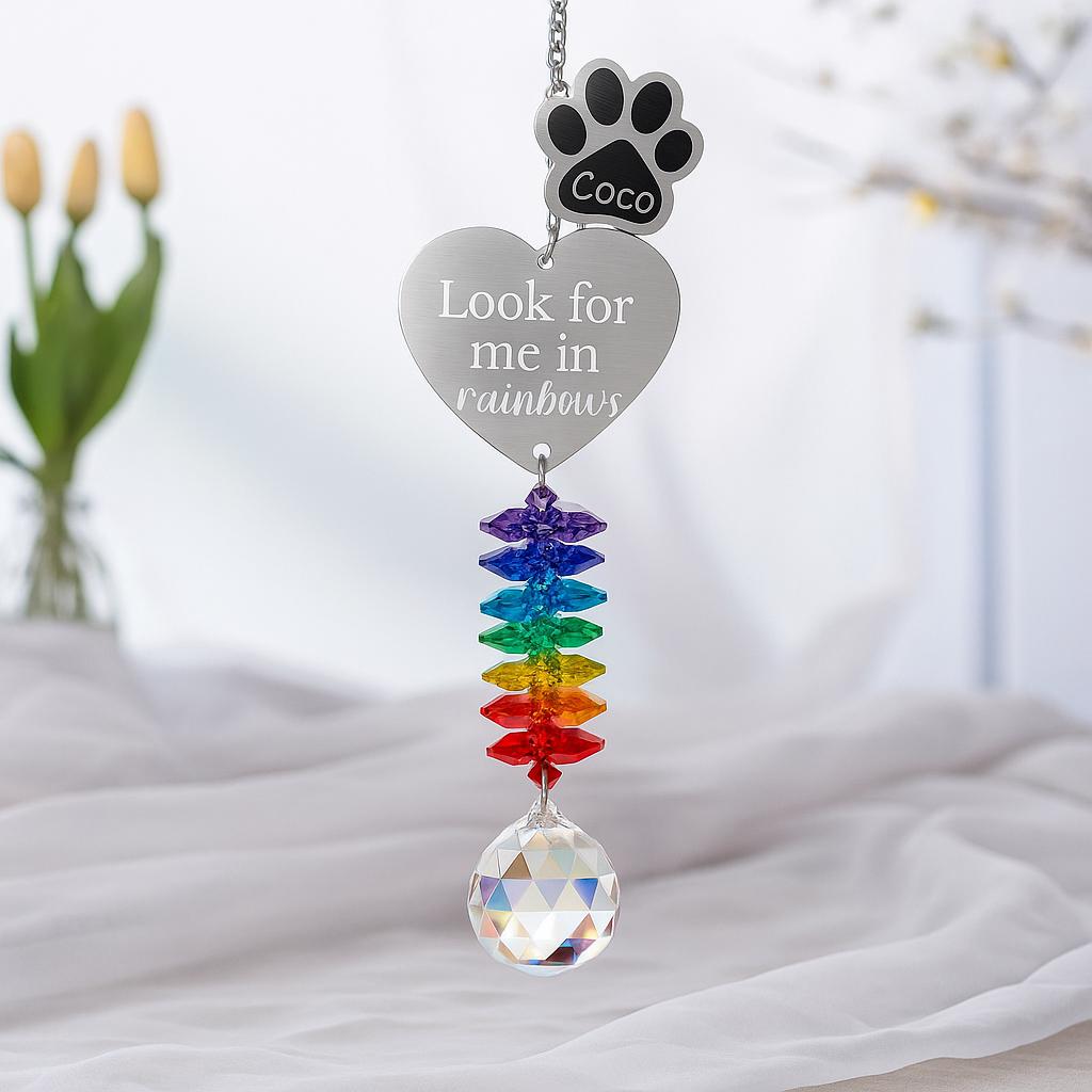 Pet Memorial Rainbow Suncatcher – Custom Paw Print with Name & Heart Charm, “Look for Me in Rainbows” Crystal Window Tribute Gift