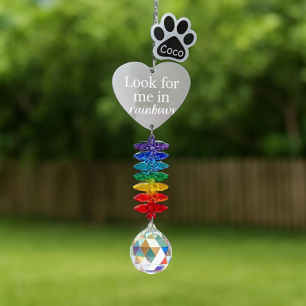 Pet Memorial Rainbow Suncatcher – Custom Paw Print with Name & Heart Charm, “Look for Me in Rainbows” Crystal Window Tribute Gift