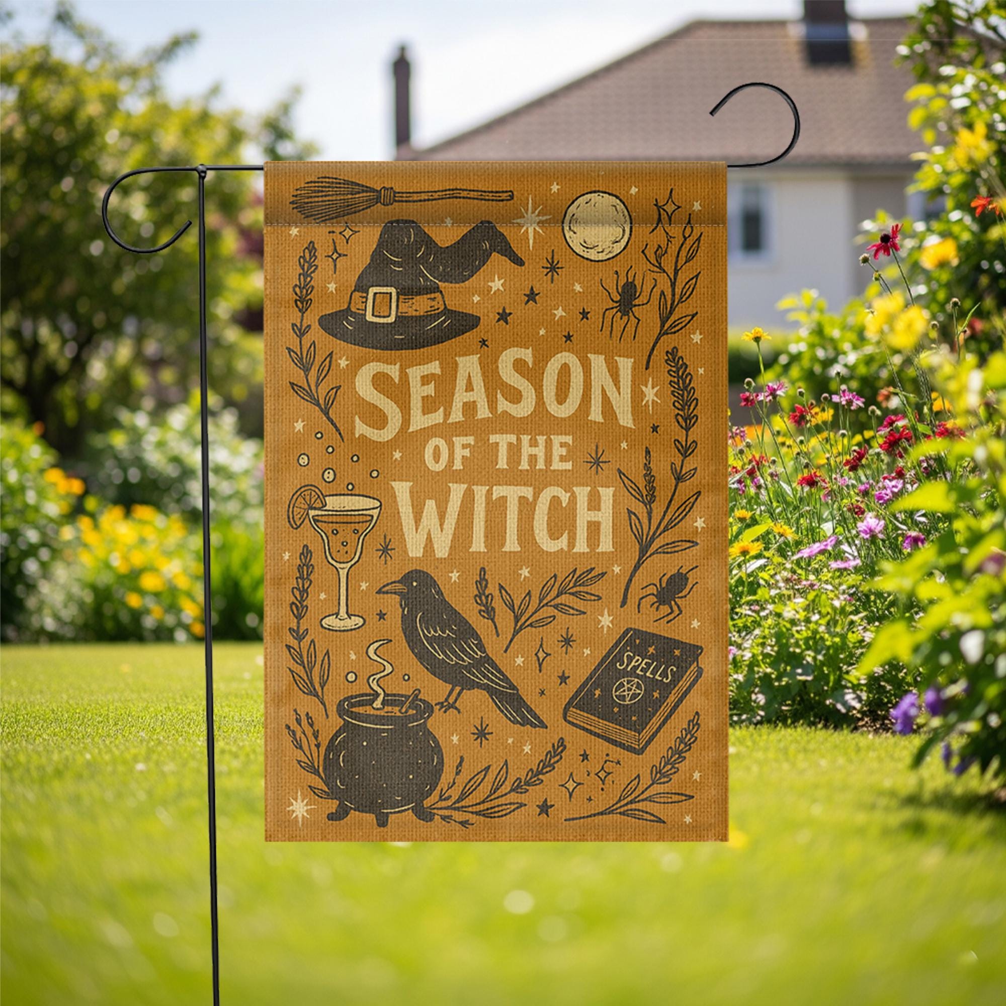 Season of the Witch Garden Flag - Halloween Yard Decor, Spooky Outdoor Banner, Witch Hat Cauldron Ghost Decoration, Fall Porch Sign