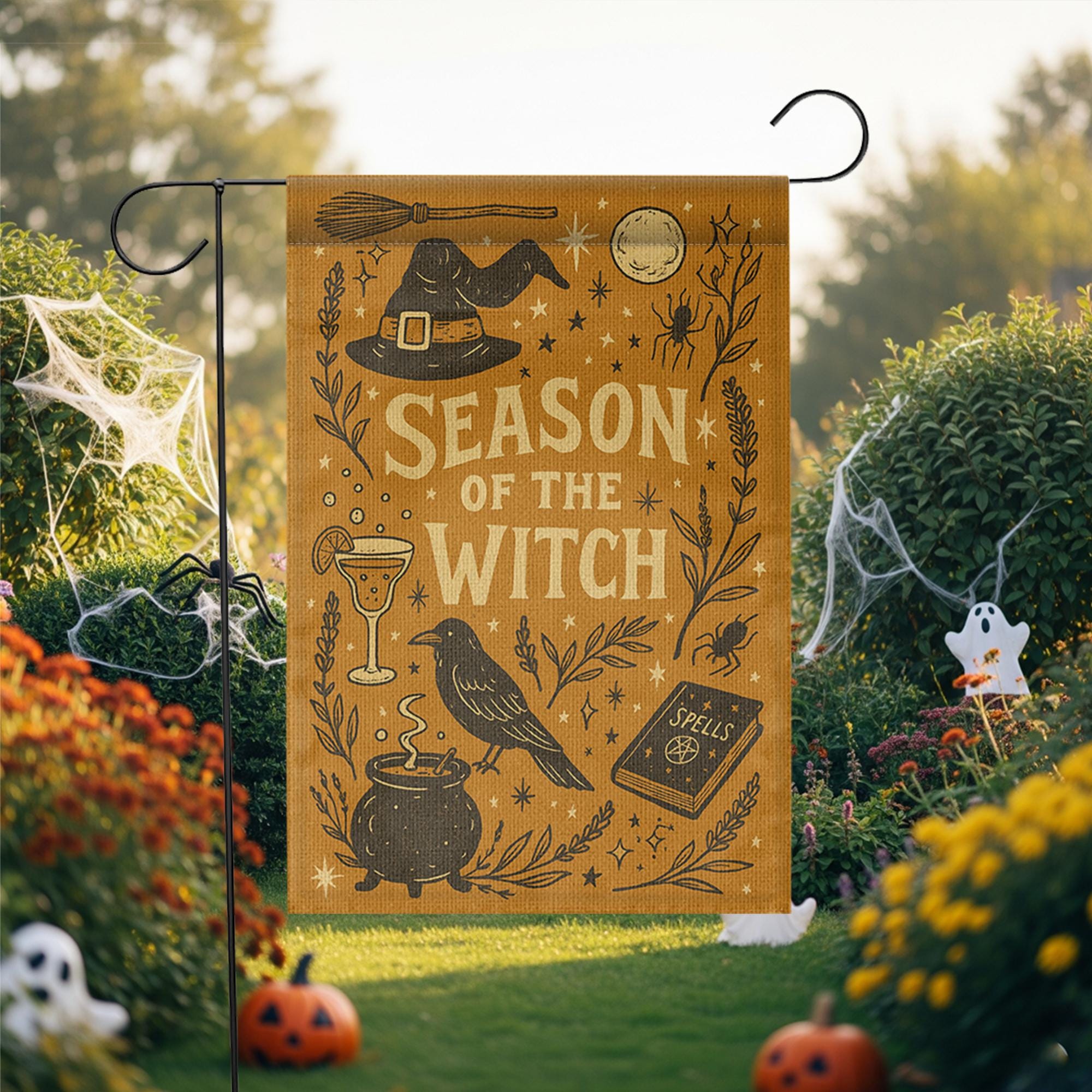 Season of the Witch Garden Flag - Halloween Yard Decor, Spooky Outdoor Banner, Witch Hat Cauldron Ghost Decoration, Fall Porch Sign