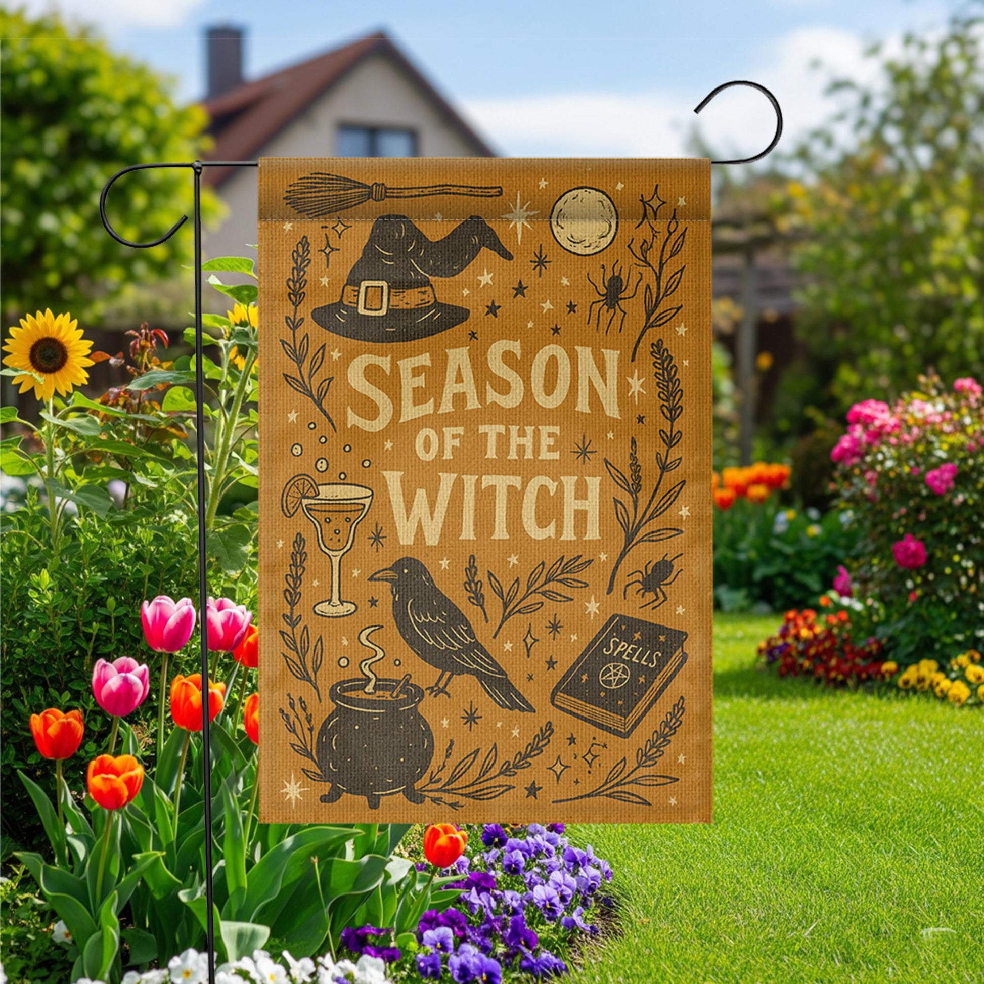 Season of the Witch Garden Flag - Halloween Yard Decor, Spooky Outdoor Banner, Witch Hat Cauldron Ghost Decoration, Fall Porch Sign