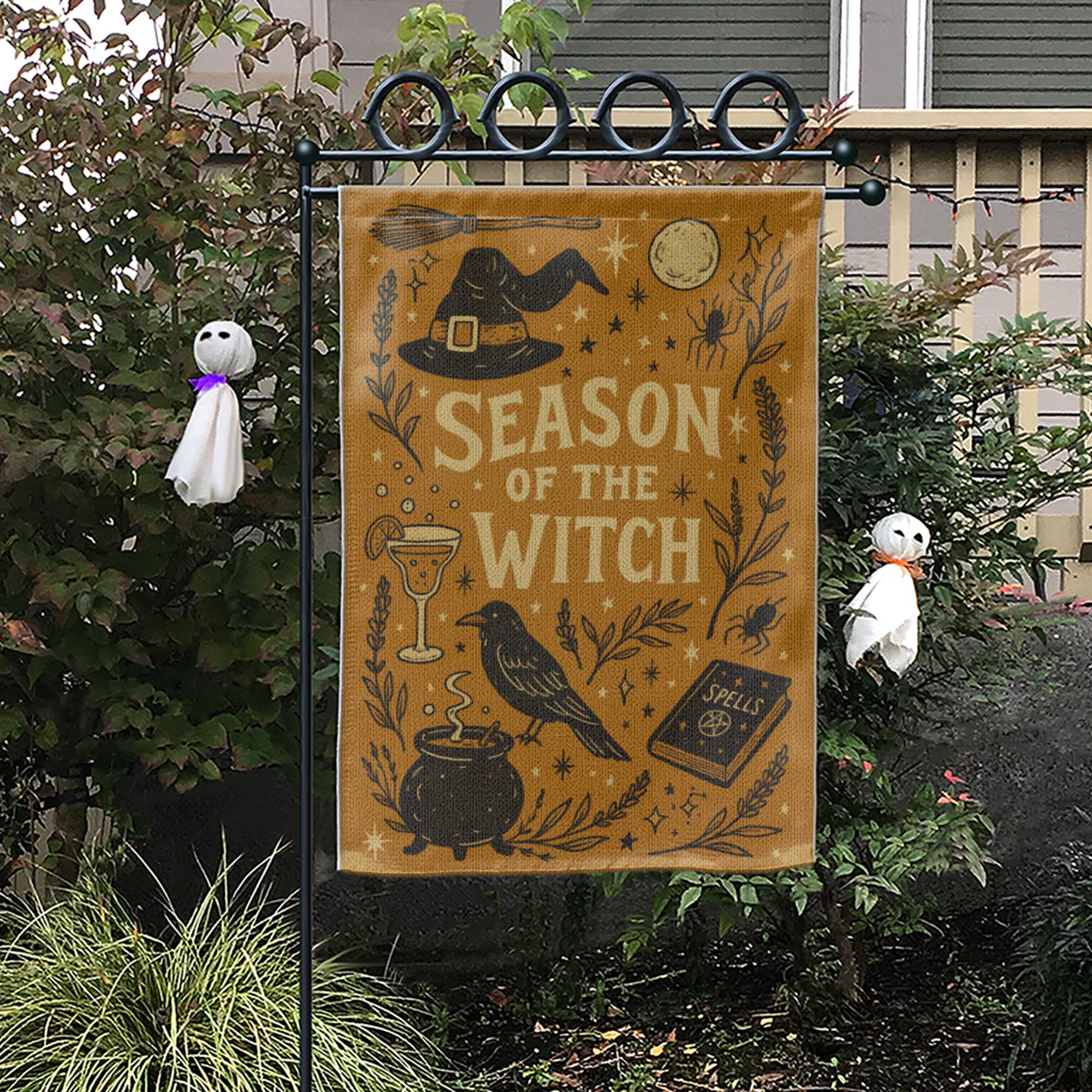 Season of the Witch Garden Flag - Halloween Yard Decor, Spooky Outdoor Banner, Witch Hat Cauldron Ghost Decoration, Fall Porch Sign
