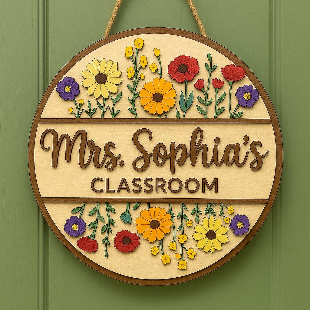 Personalized Teacher Door Sign - Custom Classroom Name Sign with Flowers, Wood Back to School Decor, Teacher Gift for Mrs