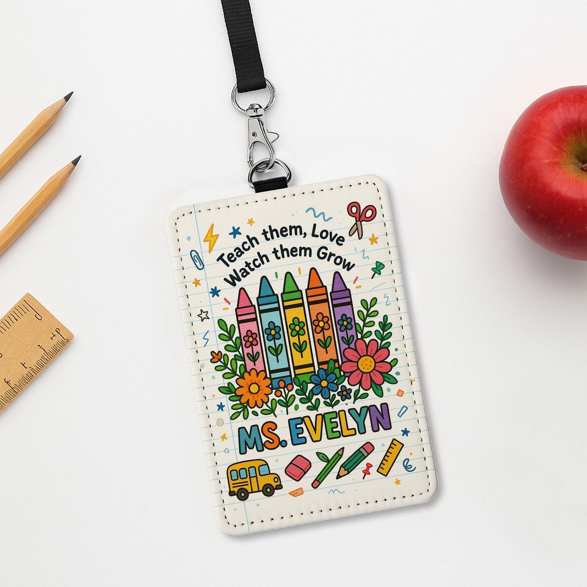Personalized Teacher Badge Holder, Back to School ID Card Holder, Crayon Floral Lanyard Tag, Cute Teacher Gift, Classroom Accessory