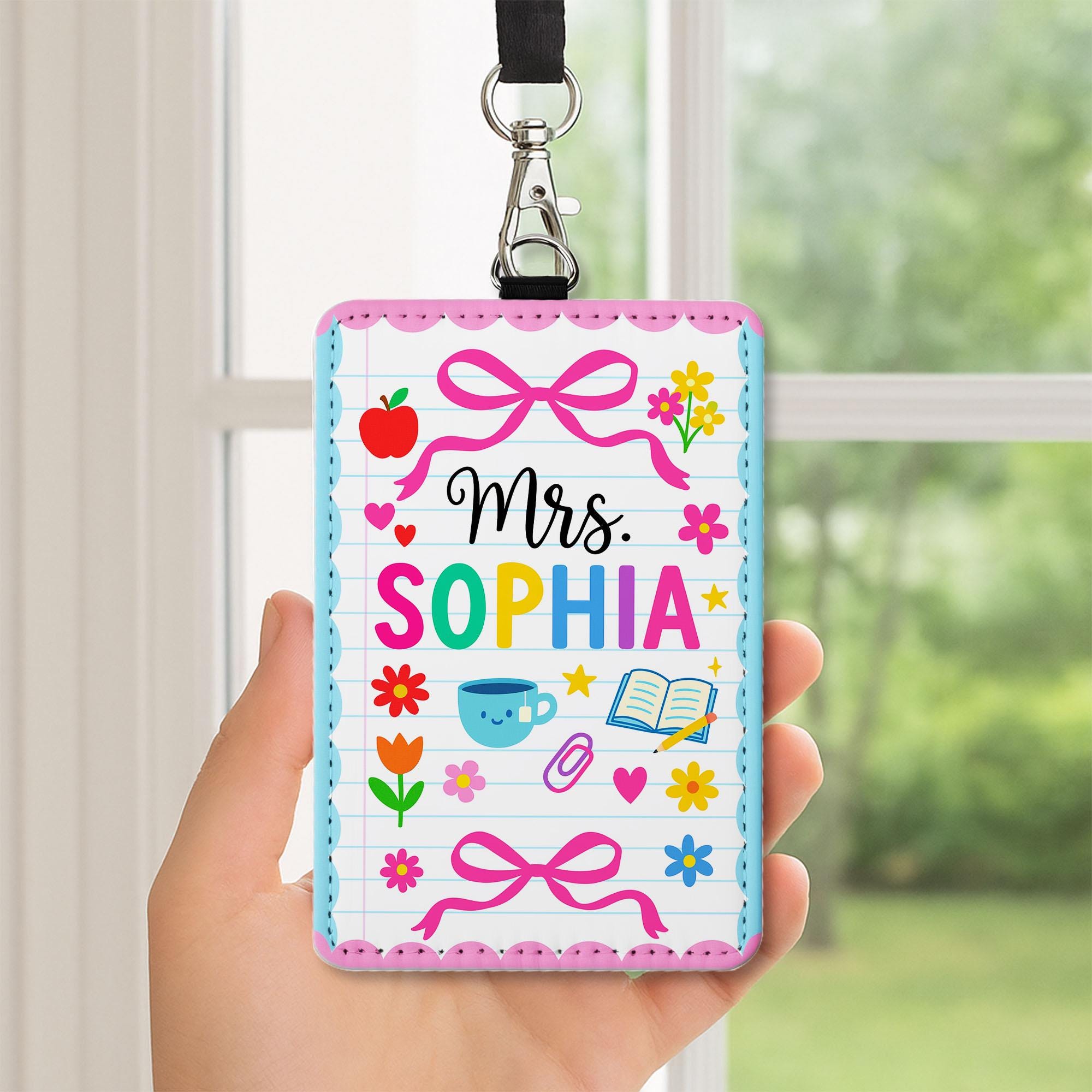 Personalized Teacher Badge Holder, Back to School ID Card, Cute Pink Teacher Lanyard, Classroom Accessory, Floral Teacher Gift for Women