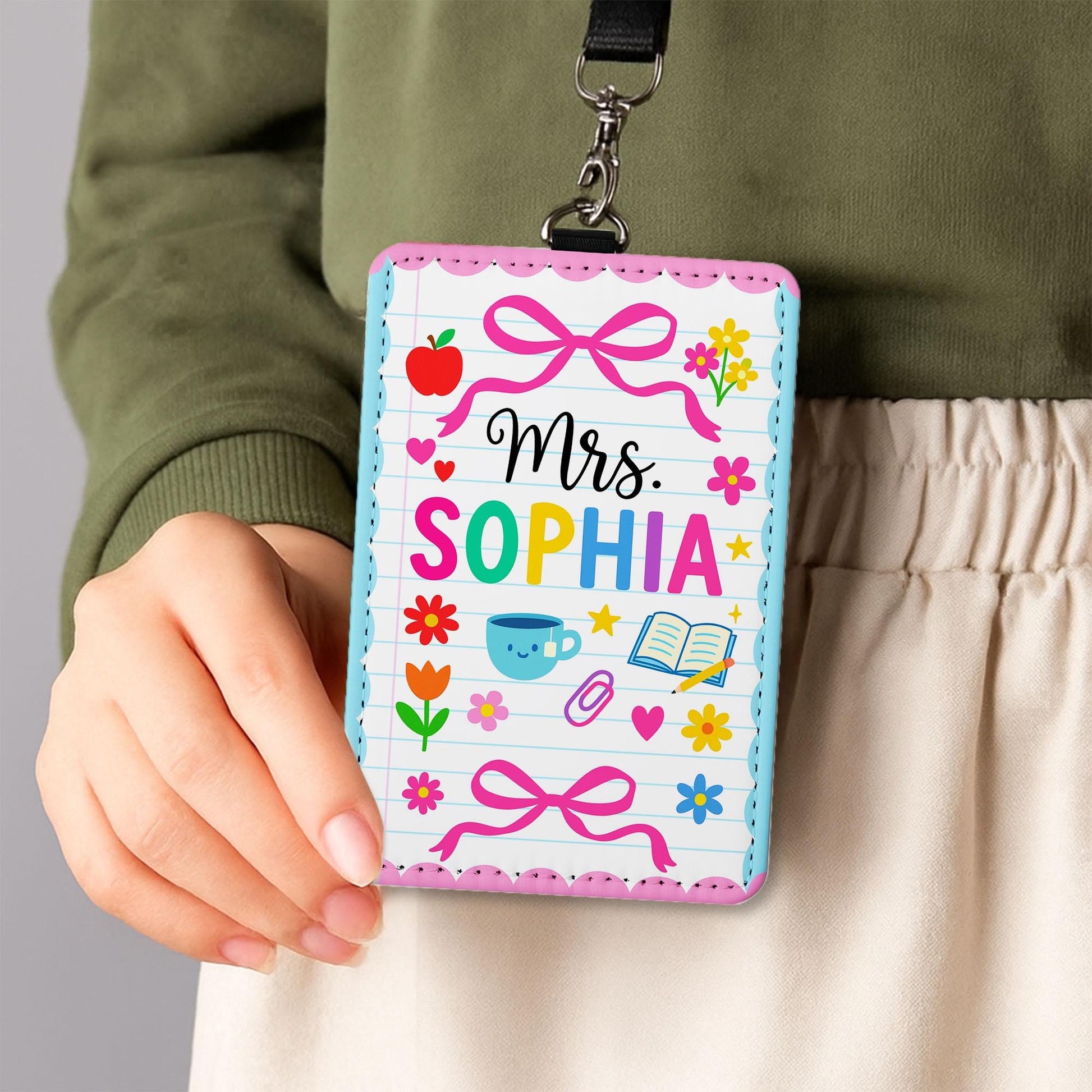 Personalized Teacher Badge Holder, Back to School ID Card, Cute Pink Teacher Lanyard, Classroom Accessory, Floral Teacher Gift for Women