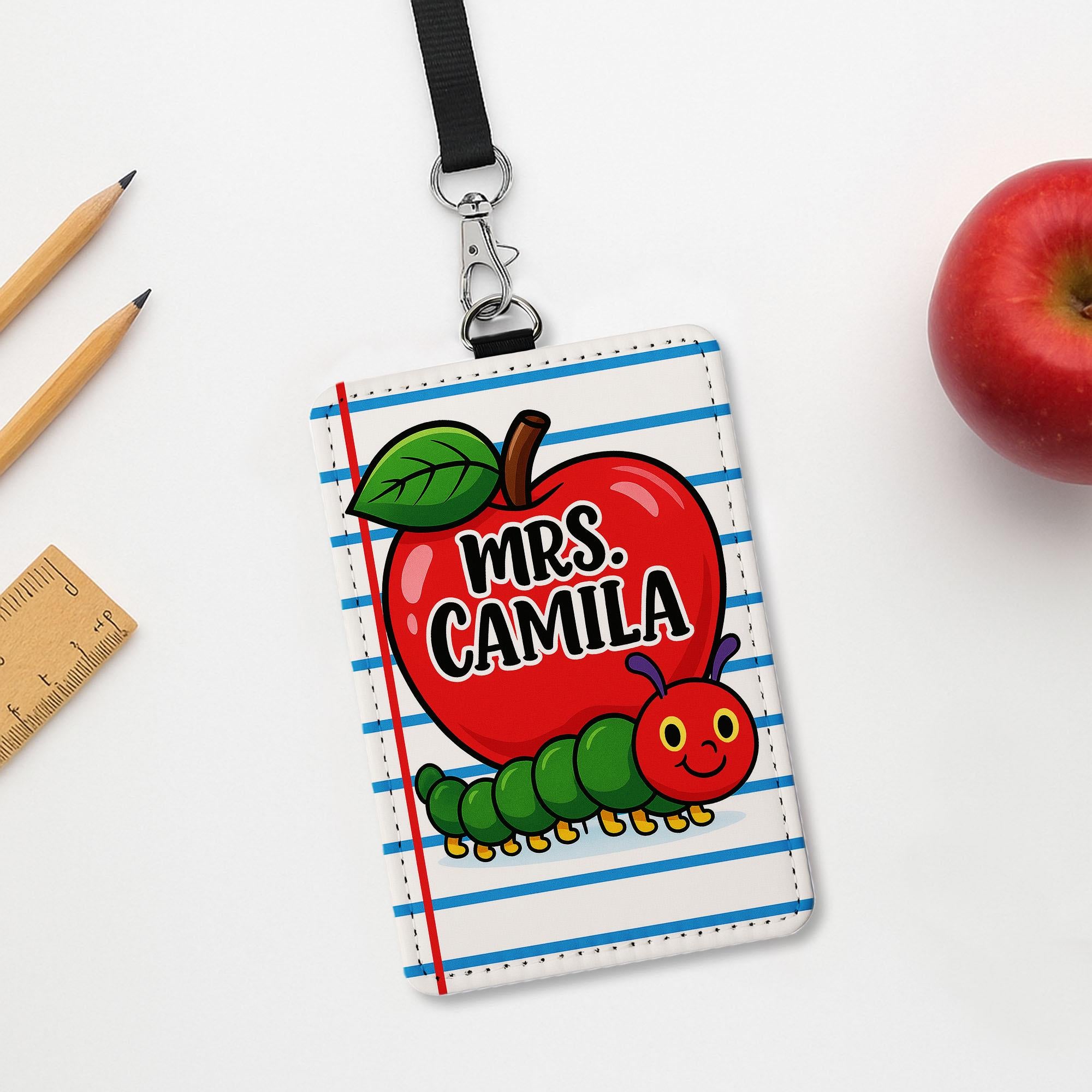 Personalized  Retro Teacher Badge Holder, Apple and Caterpillar ID Card, Back to School Lanyard, Cute Classroom Accessory, Fun Teacher Gift