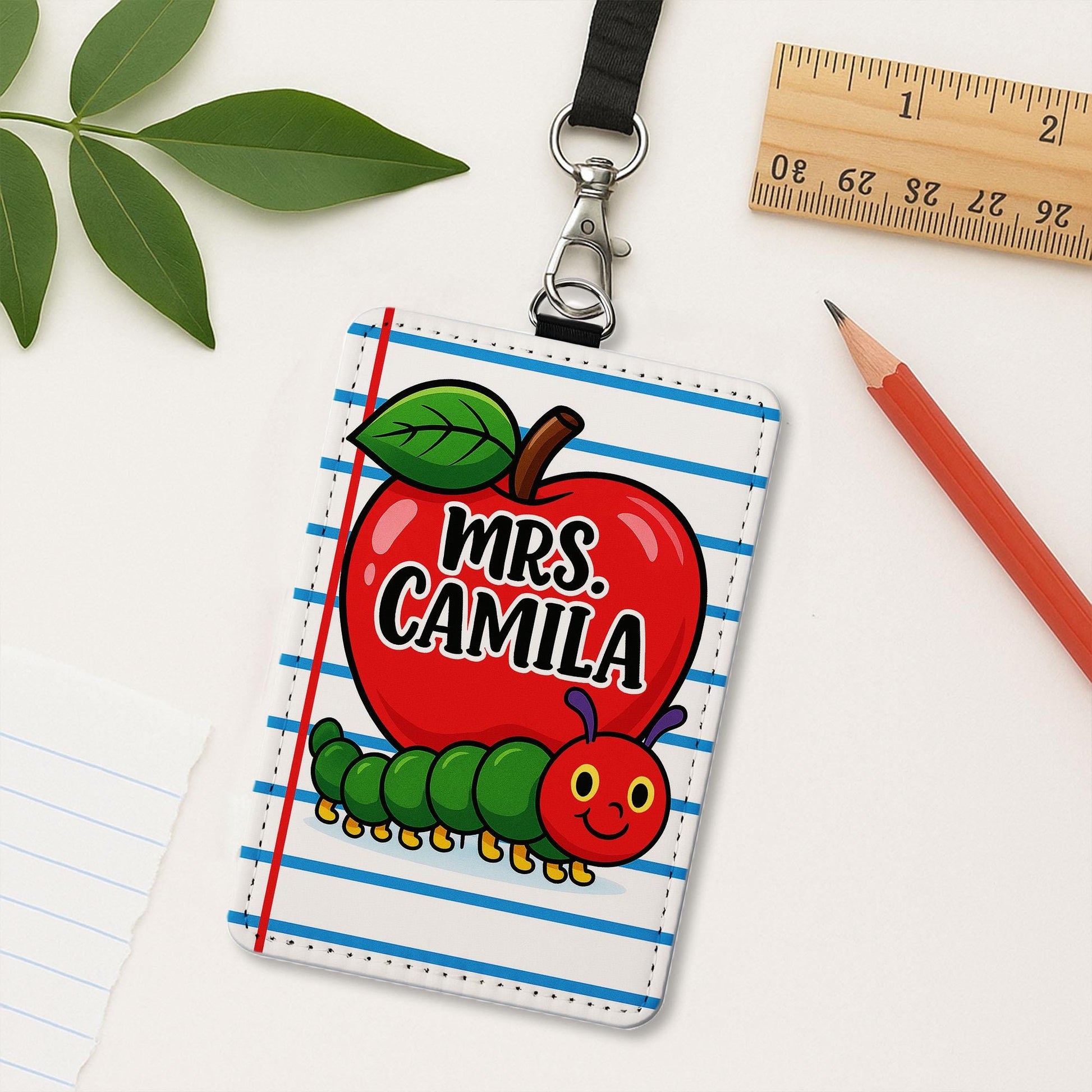 Personalized  Retro Teacher Badge Holder, Apple and Caterpillar ID Card, Back to School Lanyard, Cute Classroom Accessory, Fun Teacher Gift