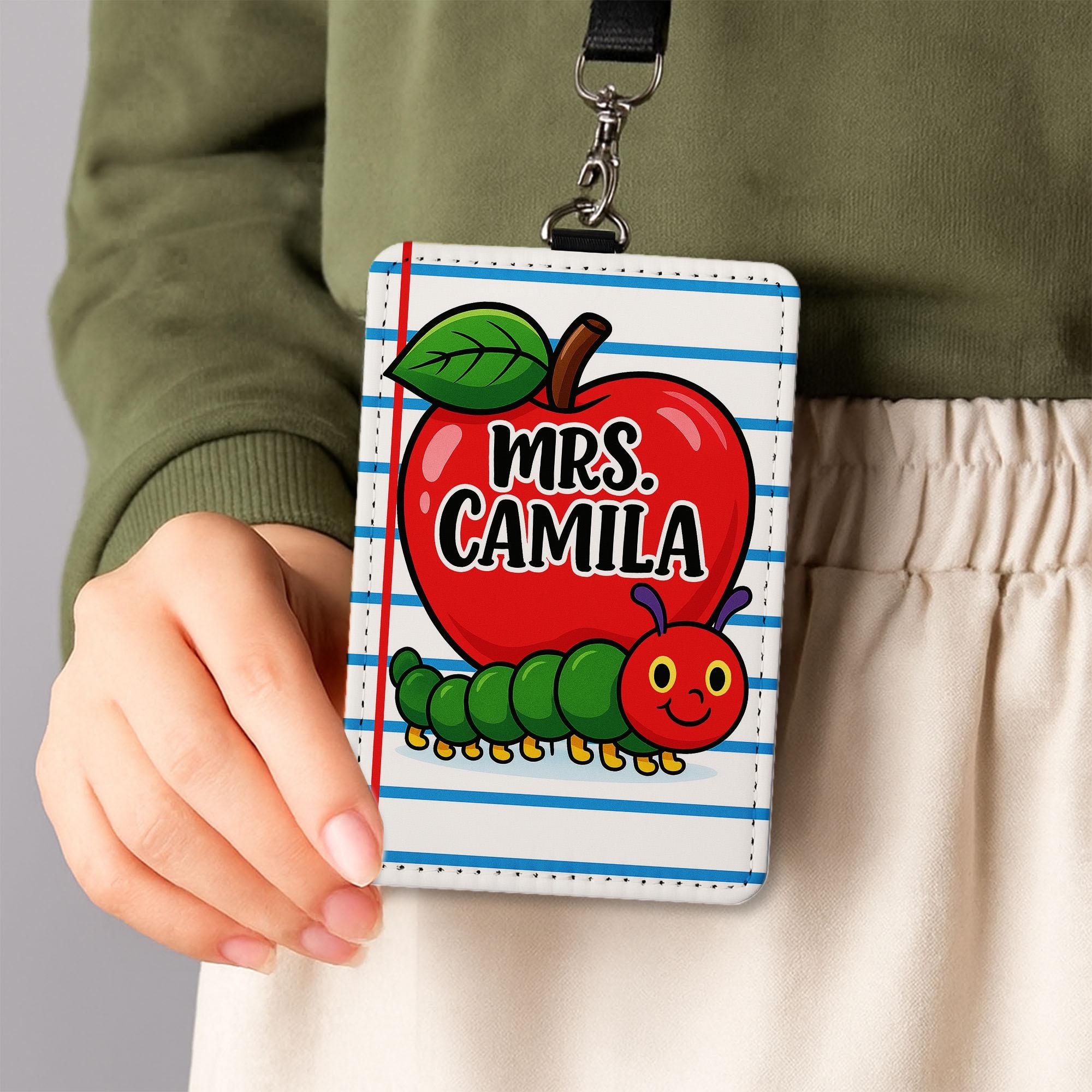 Personalized  Retro Teacher Badge Holder, Apple and Caterpillar ID Card, Back to School Lanyard, Cute Classroom Accessory, Fun Teacher Gift