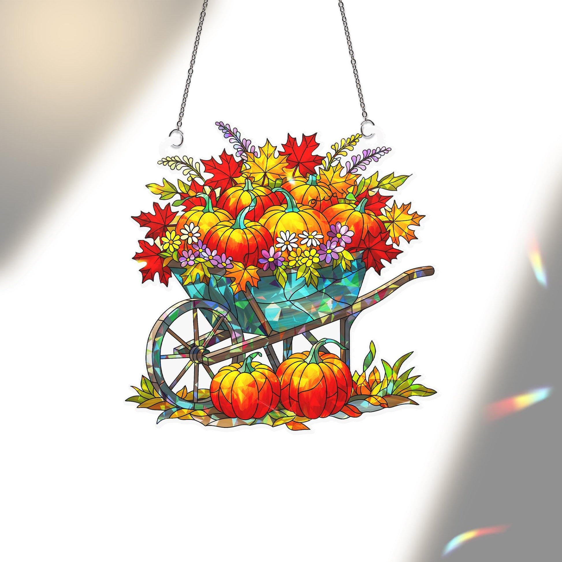 Fall Pumpkin Holographic Window Hanging Ornament, Autumn Wheelbarrow, Thanksgiving Gift, Fall Decor, Fall Lover