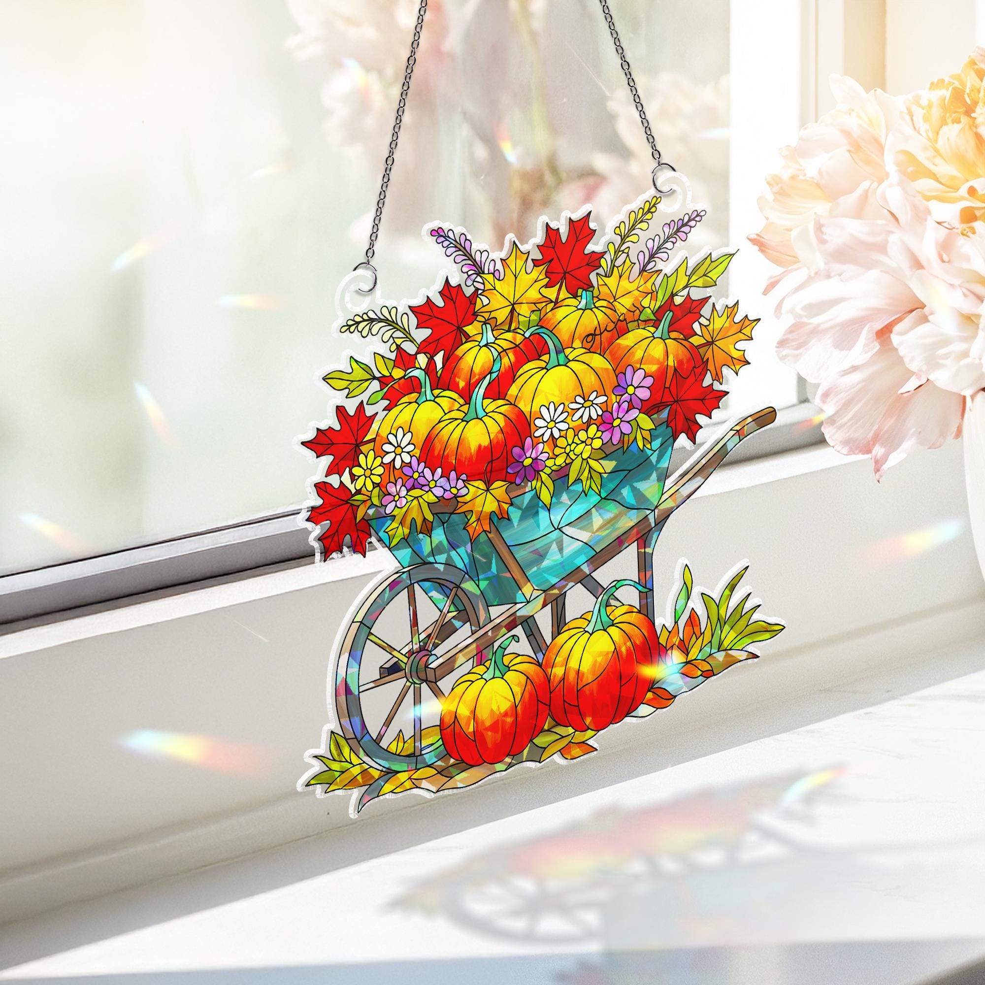 Fall Pumpkin Holographic Window Hanging Ornament, Autumn Wheelbarrow, Thanksgiving Gift, Fall Decor, Fall Lover