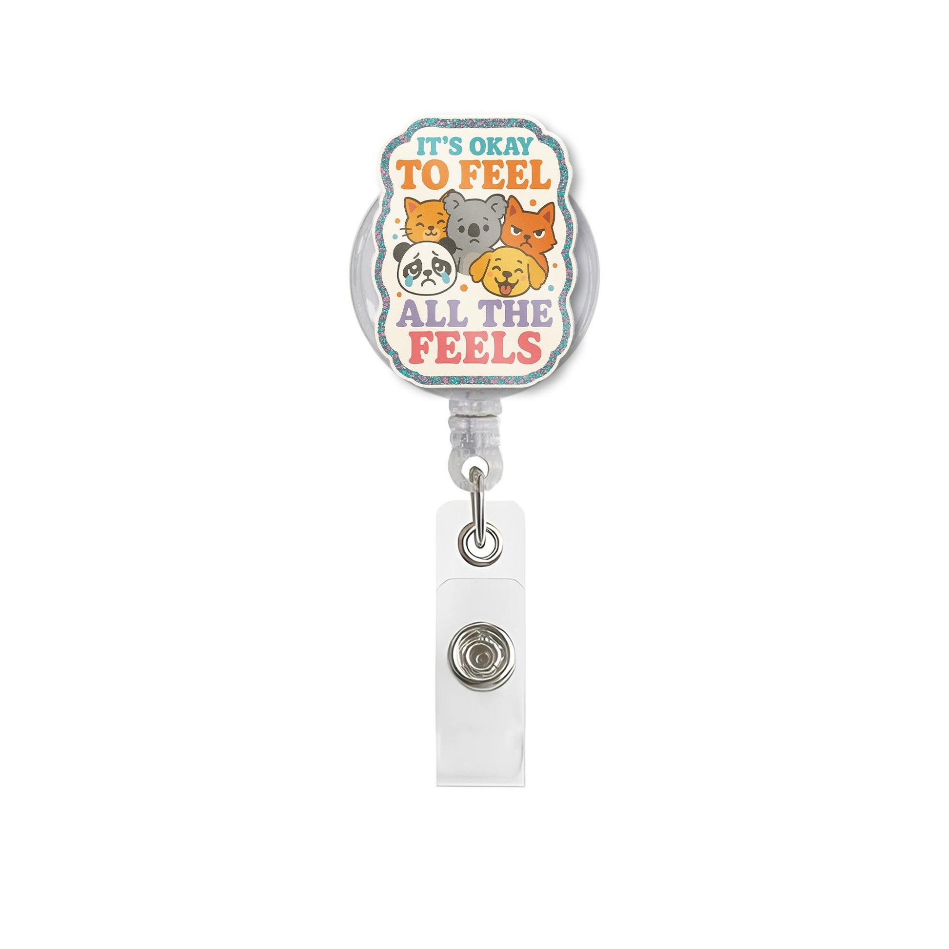 Cute Animal Badge Reel, It's Okay to Feel All the Feels, Emotional Support ID Holder, Retractable Badge, Nurse Gift, Teacher Lanyard Clip