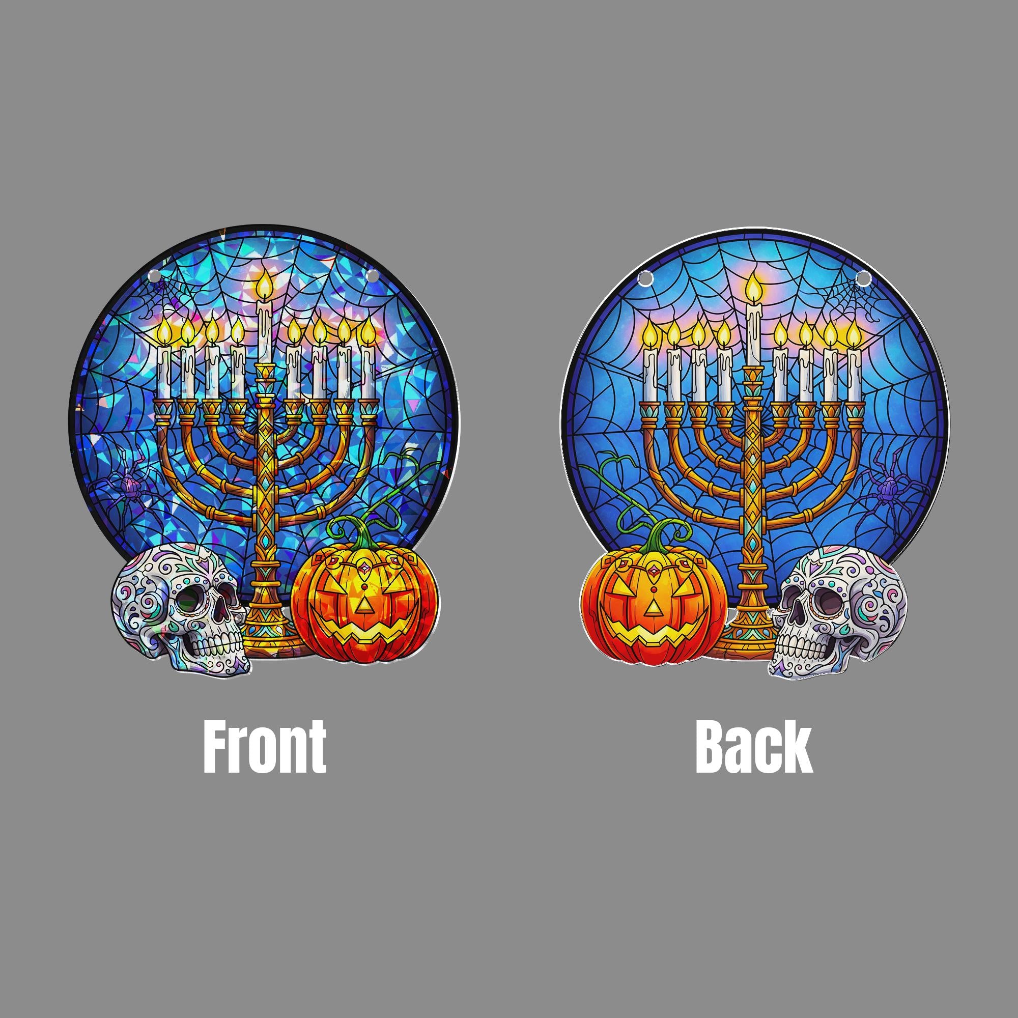 Hanukkah Halloween Mashup Acrylic Ornament, Menorah & Sugar Skull Window Hanging, Holographic Gothic Spooky Holiday Wall Decor