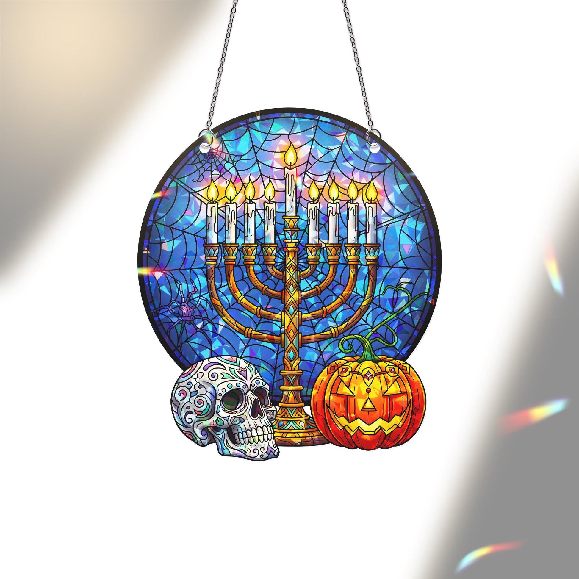 Hanukkah Halloween Mashup Acrylic Ornament, Menorah & Sugar Skull Window Hanging, Holographic Gothic Spooky Holiday Wall Decor
