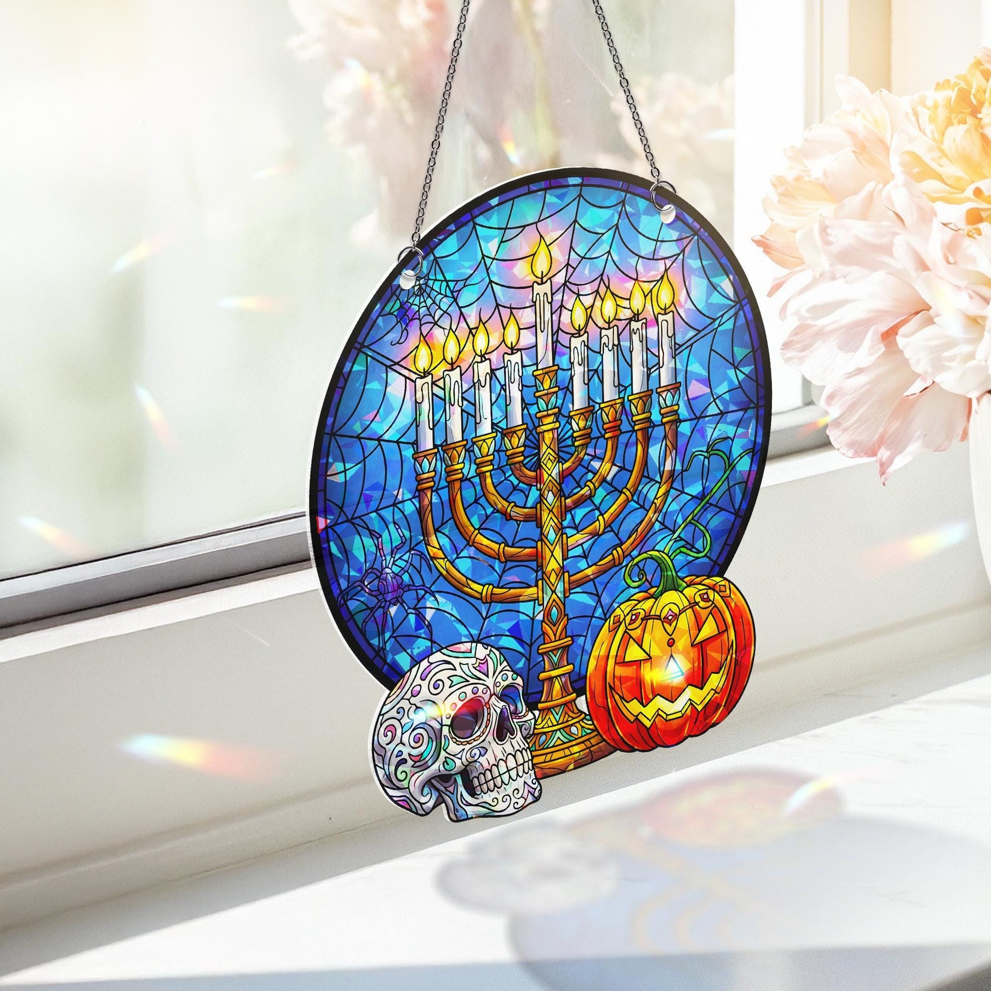 Hanukkah Halloween Mashup Acrylic Ornament, Menorah & Sugar Skull Window Hanging, Holographic Gothic Spooky Holiday Wall Decor