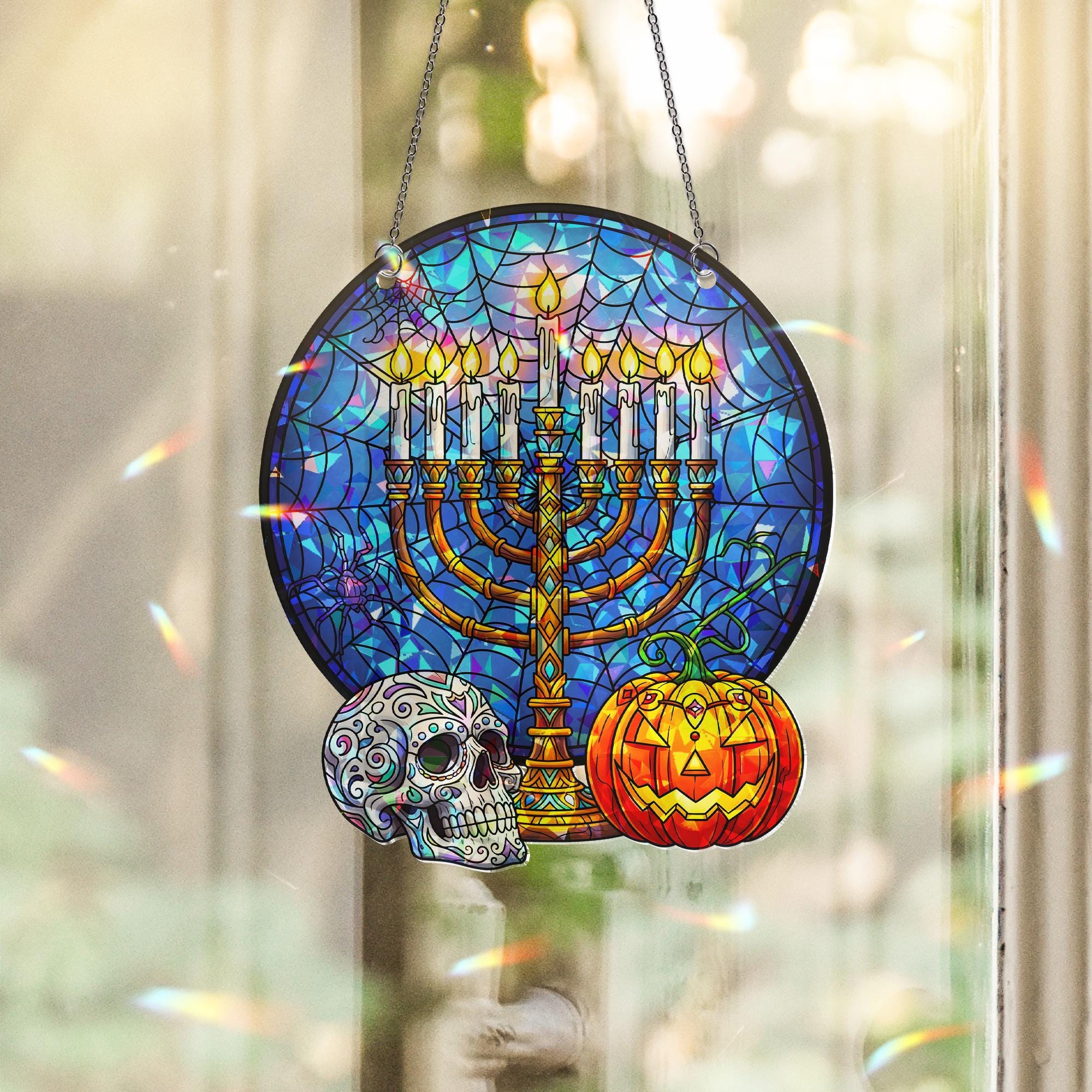 Hanukkah Halloween Mashup Acrylic Ornament, Menorah & Sugar Skull Window Hanging, Holographic Gothic Spooky Holiday Wall Decor