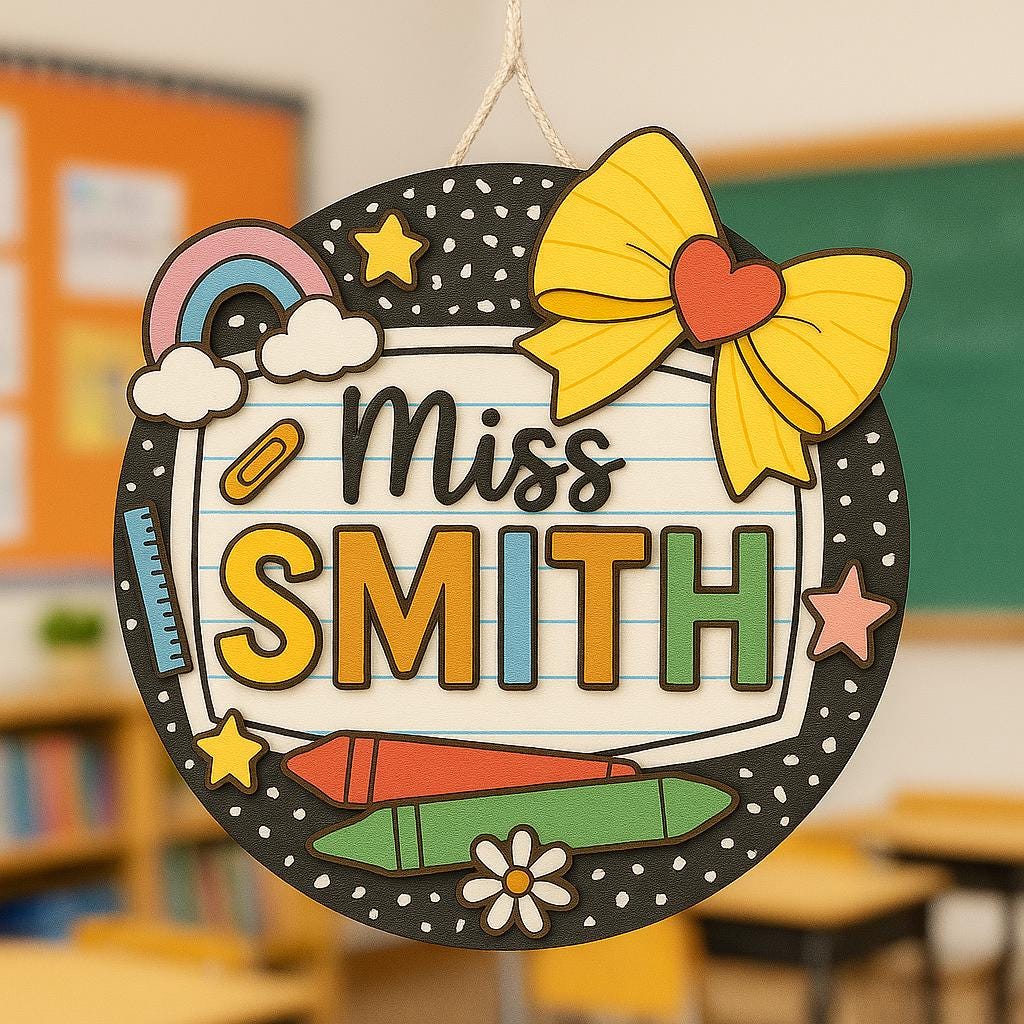 Personalized Teacher Door Sign - Custom Composition Notebook Classroom Decor with Name, Rainbow & Crayon Design, Back to School Gift
