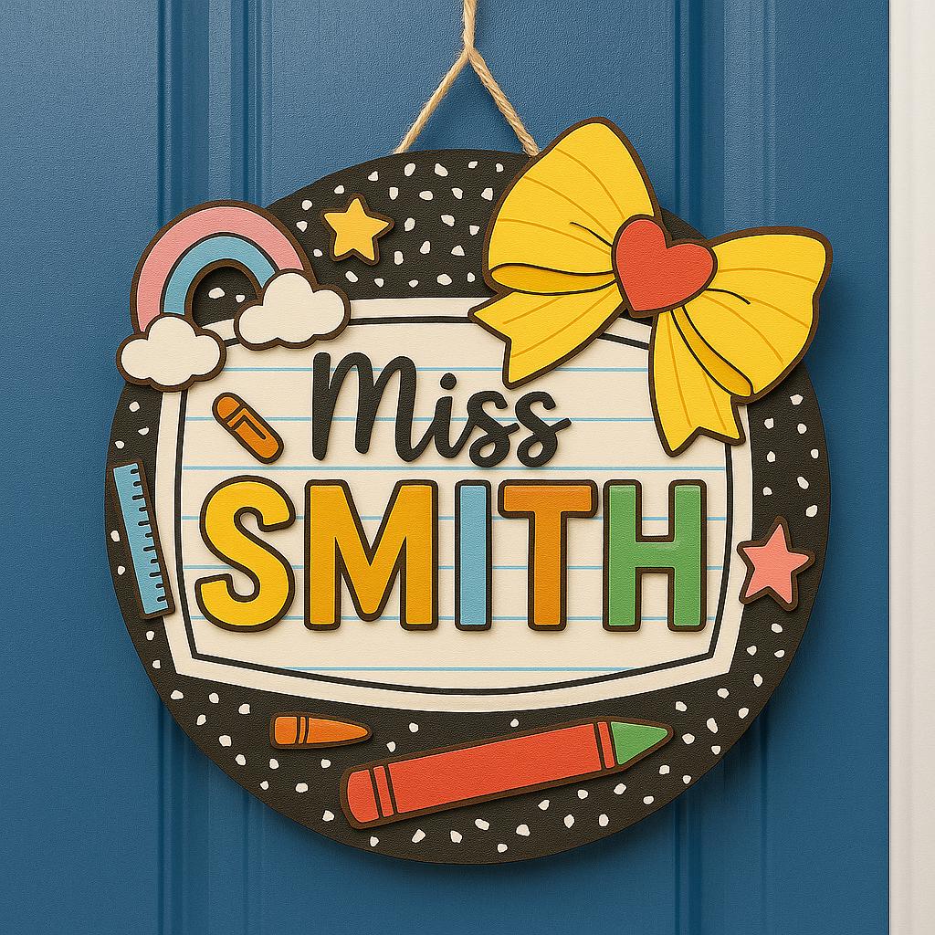 Personalized Teacher Door Sign - Custom Composition Notebook Classroom Decor with Name, Rainbow & Crayon Design, Back to School Gift